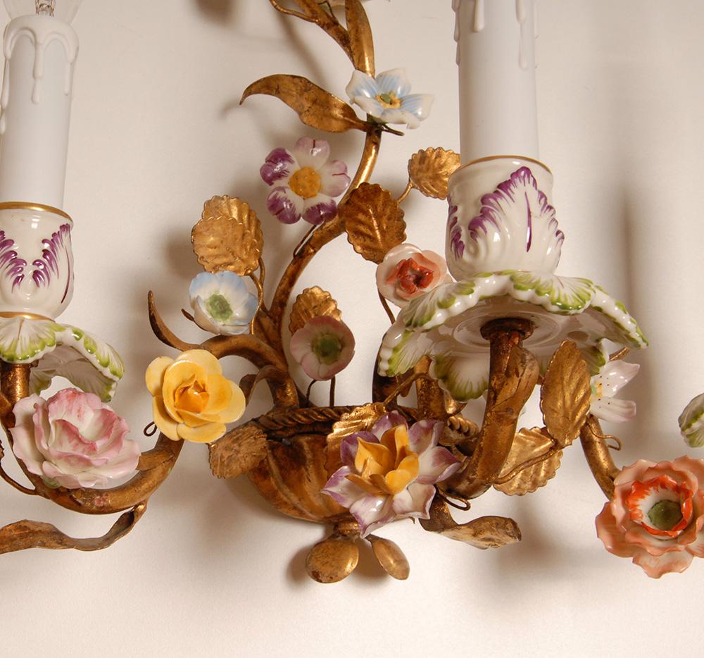 Vintage Italian Wall Lamps Gold Tole Florentiner Sconces Porcelain Roses a pair For Sale 1