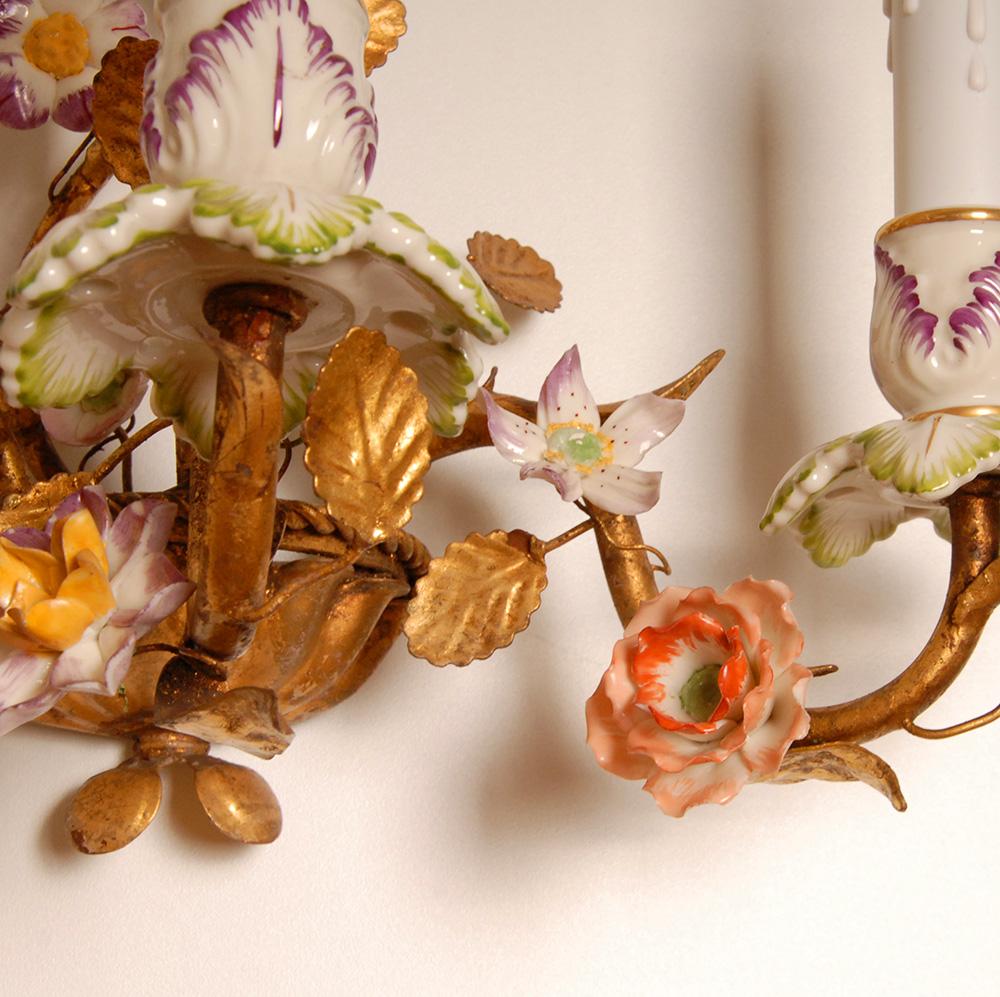 Vintage Italian Wall Lamps Gold Tole Florentiner Sconces Porcelain Roses a pair For Sale 2