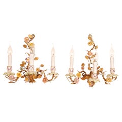 Vintage Italian Wall Lamps Gold Tole Florentiner Sconces Porcelain Roses a pair