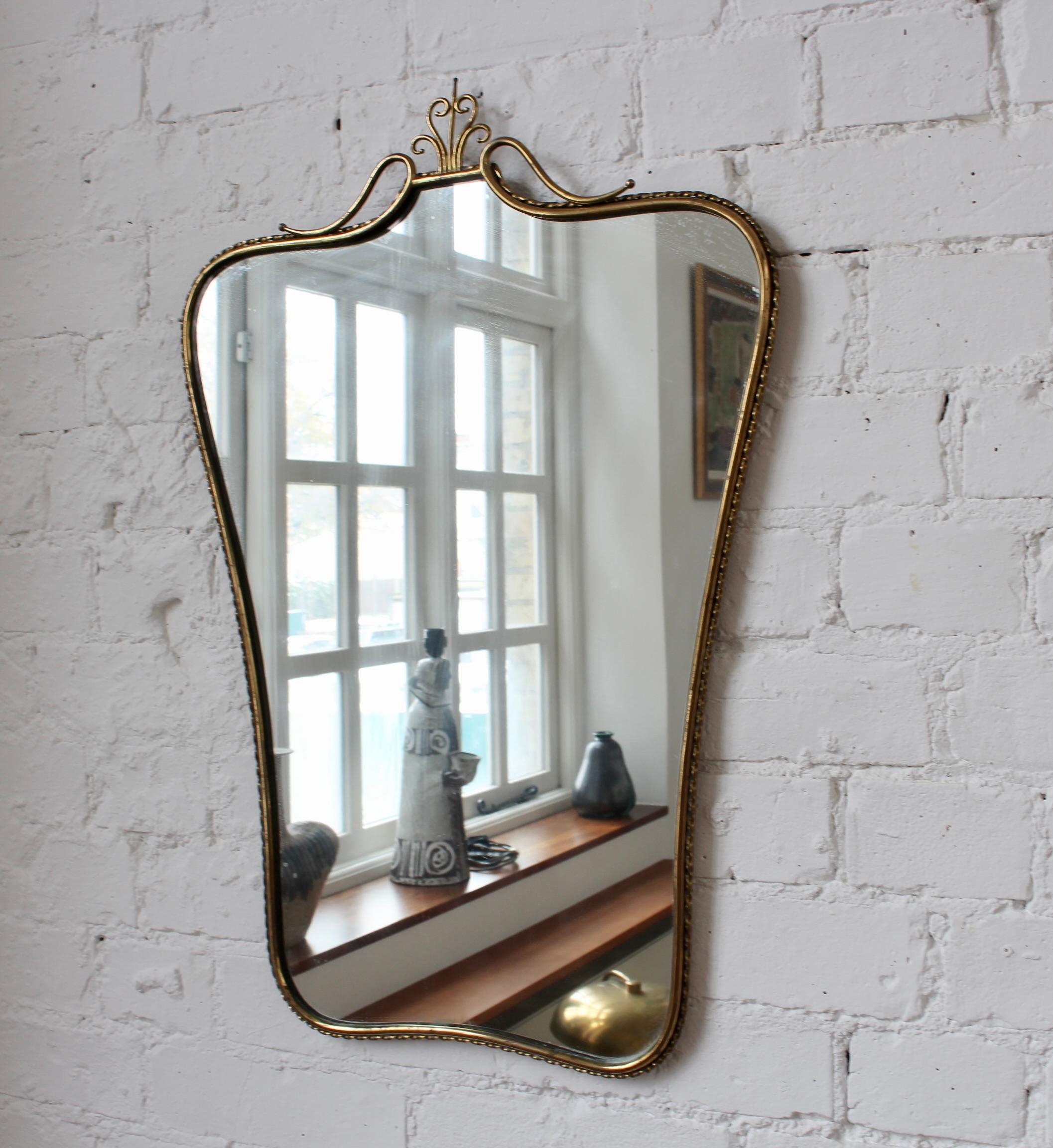 Mid-Century Modern Vintage Italian Wall Mirror with Brass Frame and Flourish 'circa 1960s'