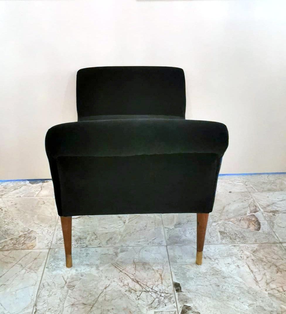 Polished Vintage Italian Walnut Bench with Two Backrests and Black Velvet