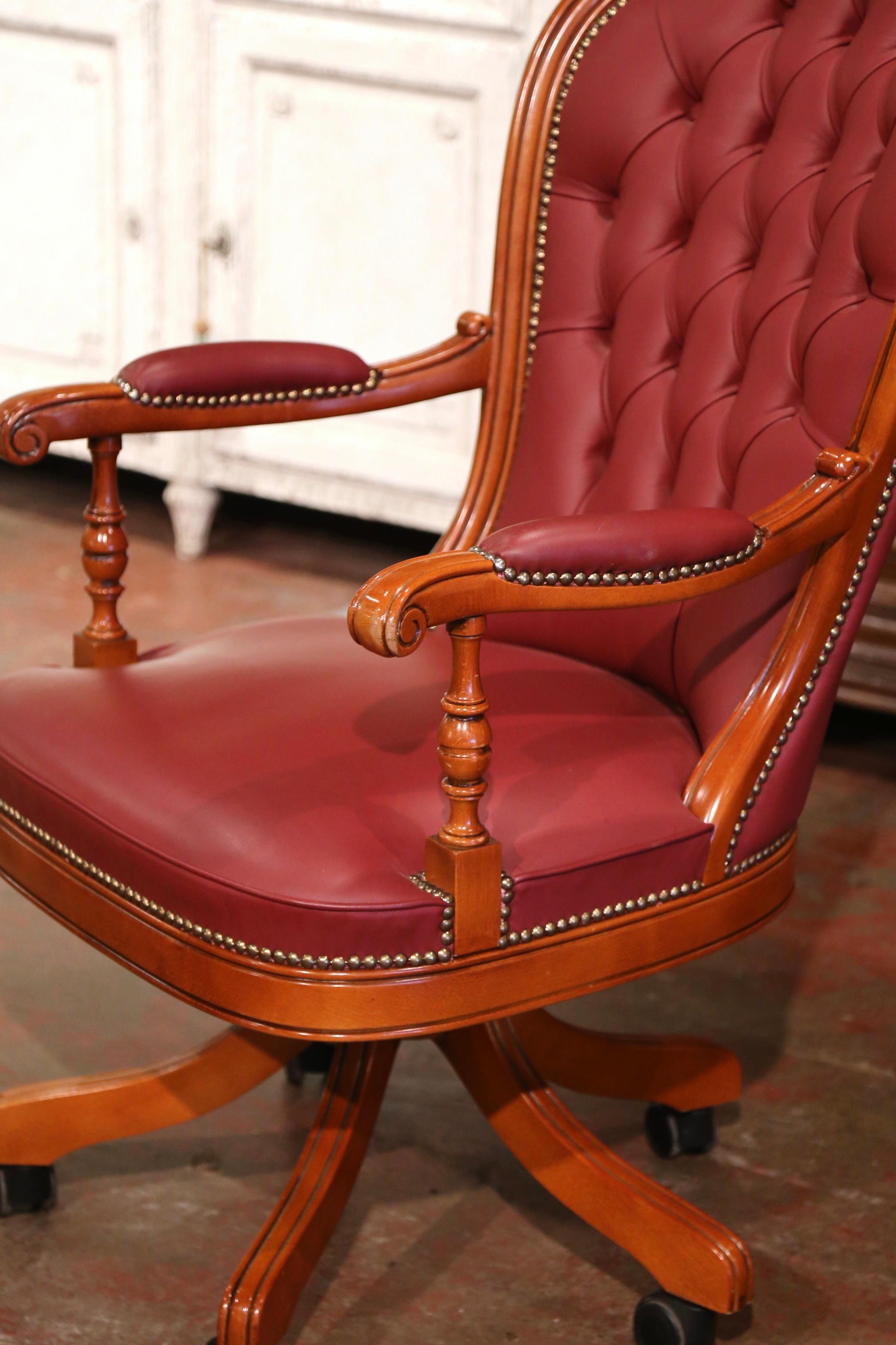 Chesterfield Vintage Italian Walnut Executive Swivel Desk Armchair with Red Tufted Leather