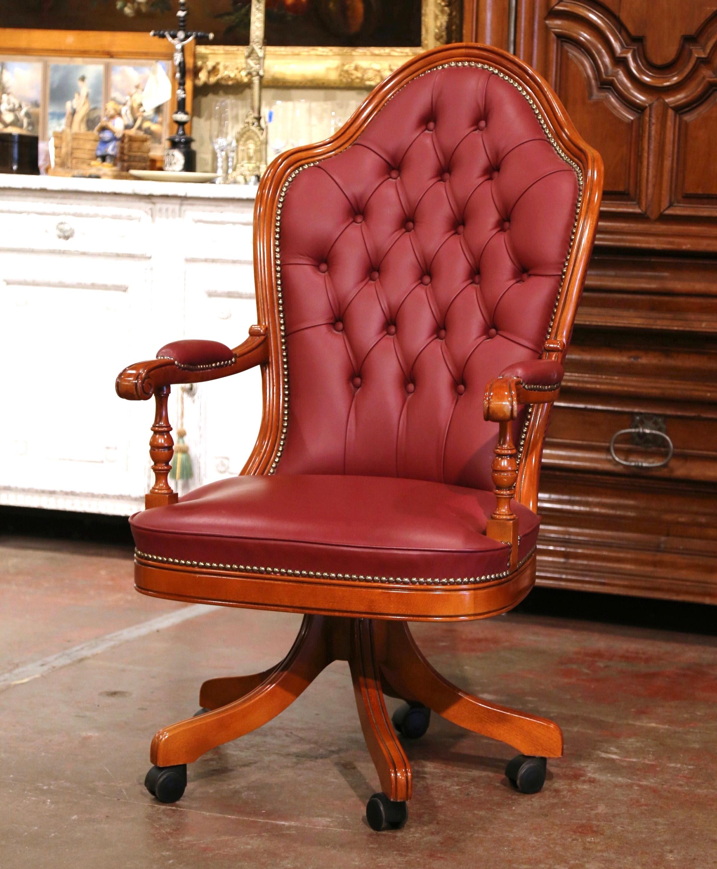 American Vintage Italian Walnut Executive Swivel Desk Armchair with Red Tufted Leather
