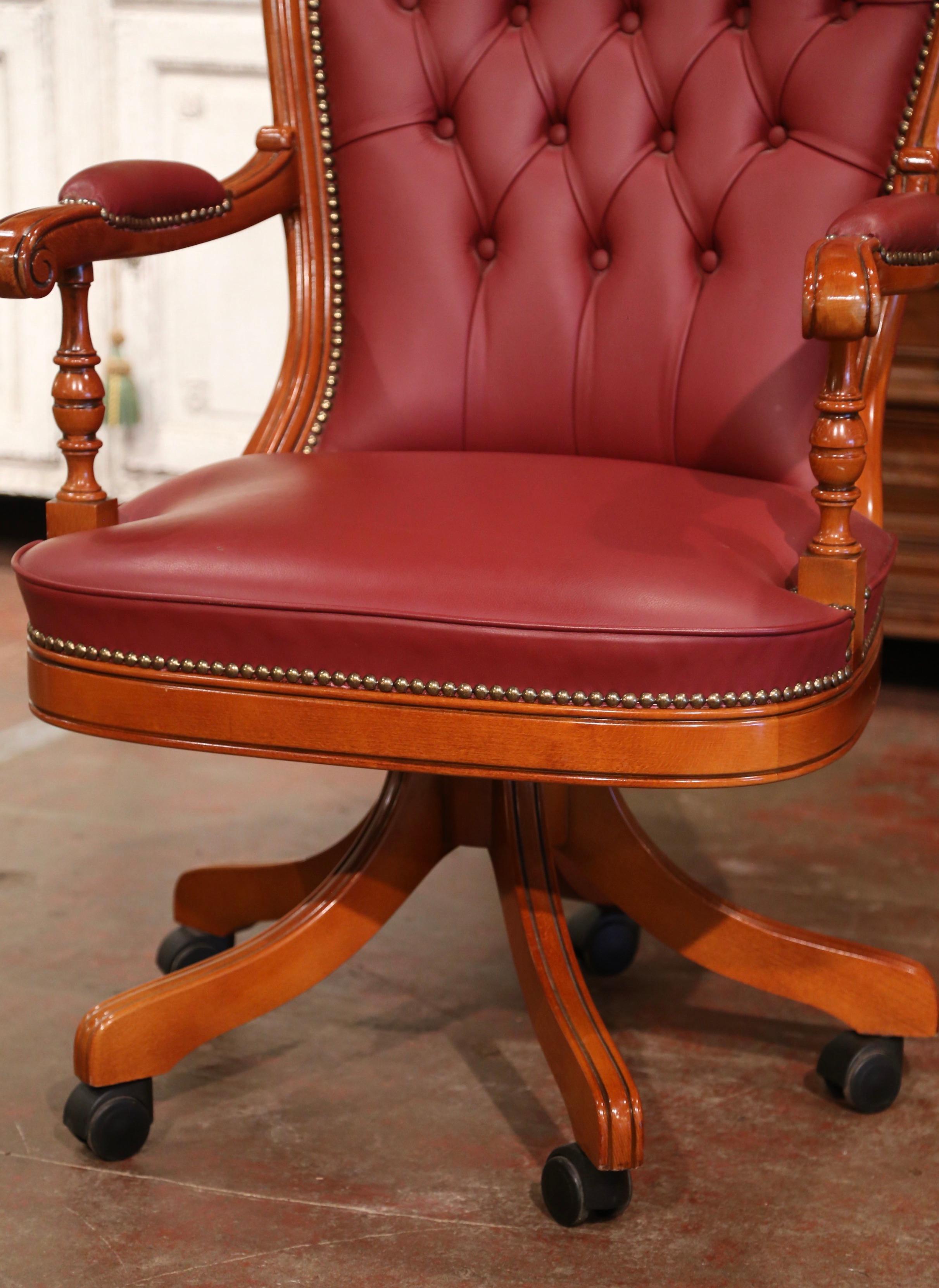 Vintage Italian Walnut Executive Swivel Desk Armchair with Red Tufted Leather In Excellent Condition In Dallas, TX