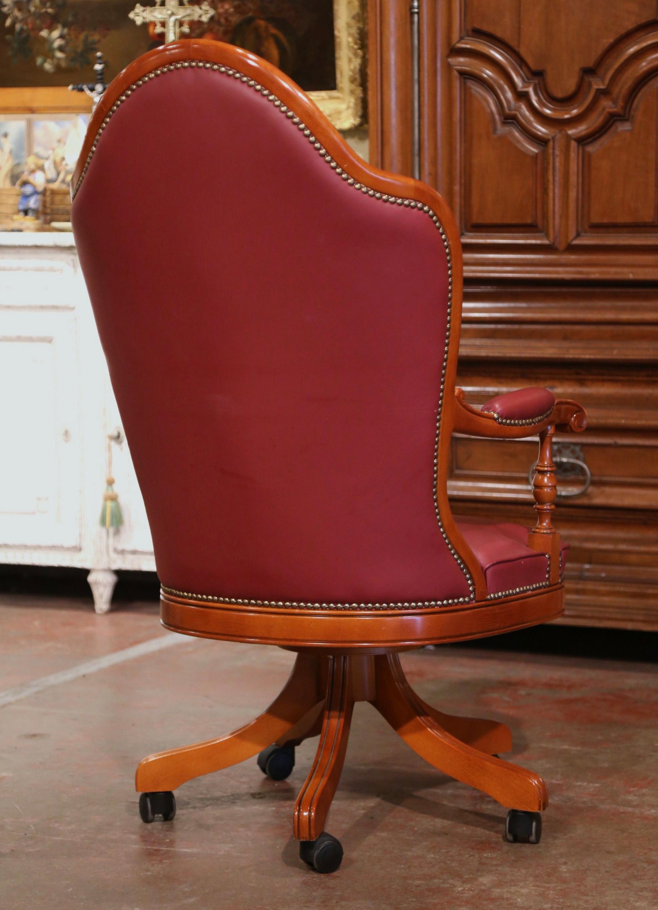 Vintage Italian Walnut Executive Swivel Desk Armchair with Red Tufted Leather 1