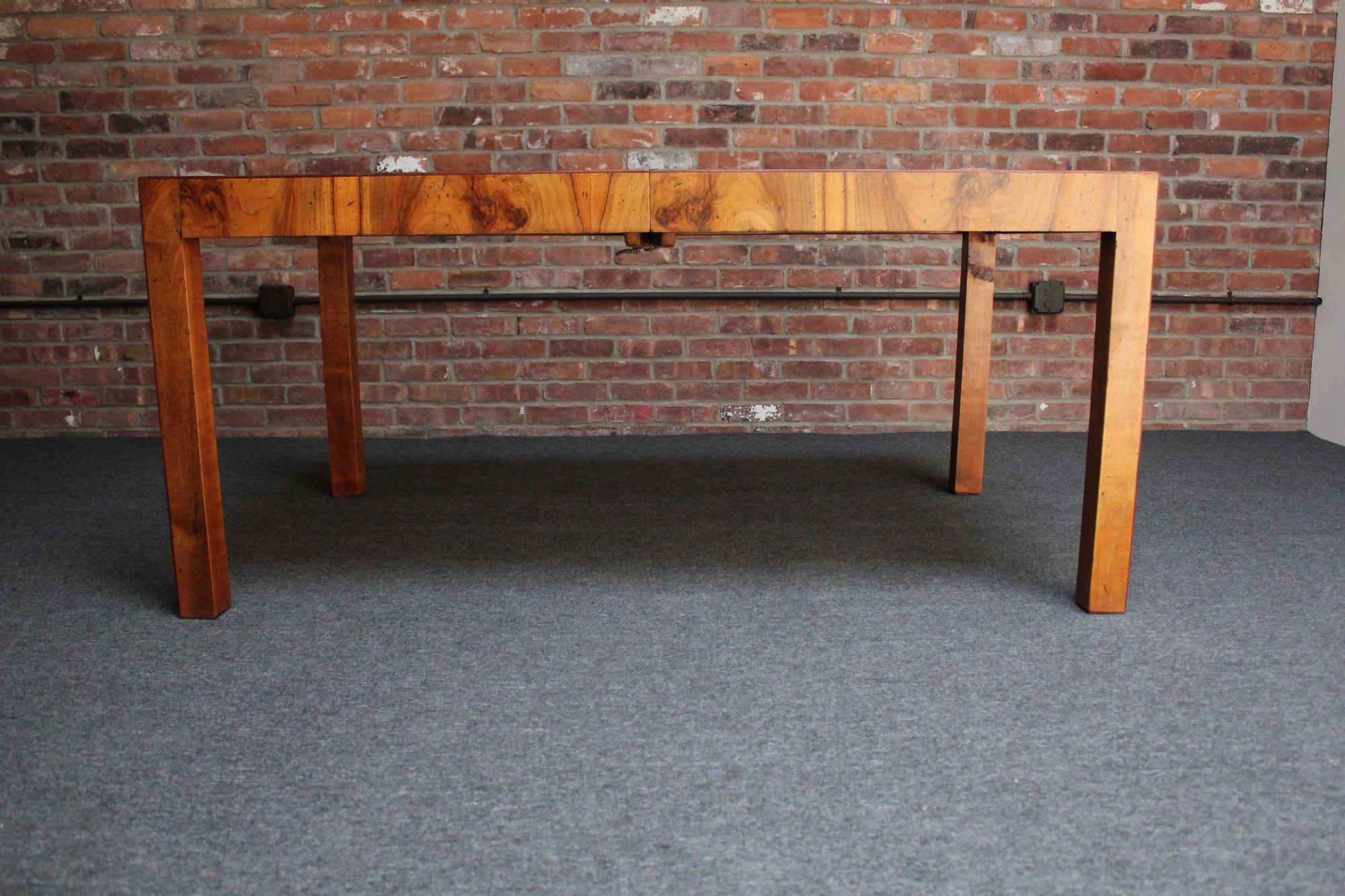 Mid-Century Modern Vintage Italian Walnut Parsons Style Chevron Dining Table with Two Leaves