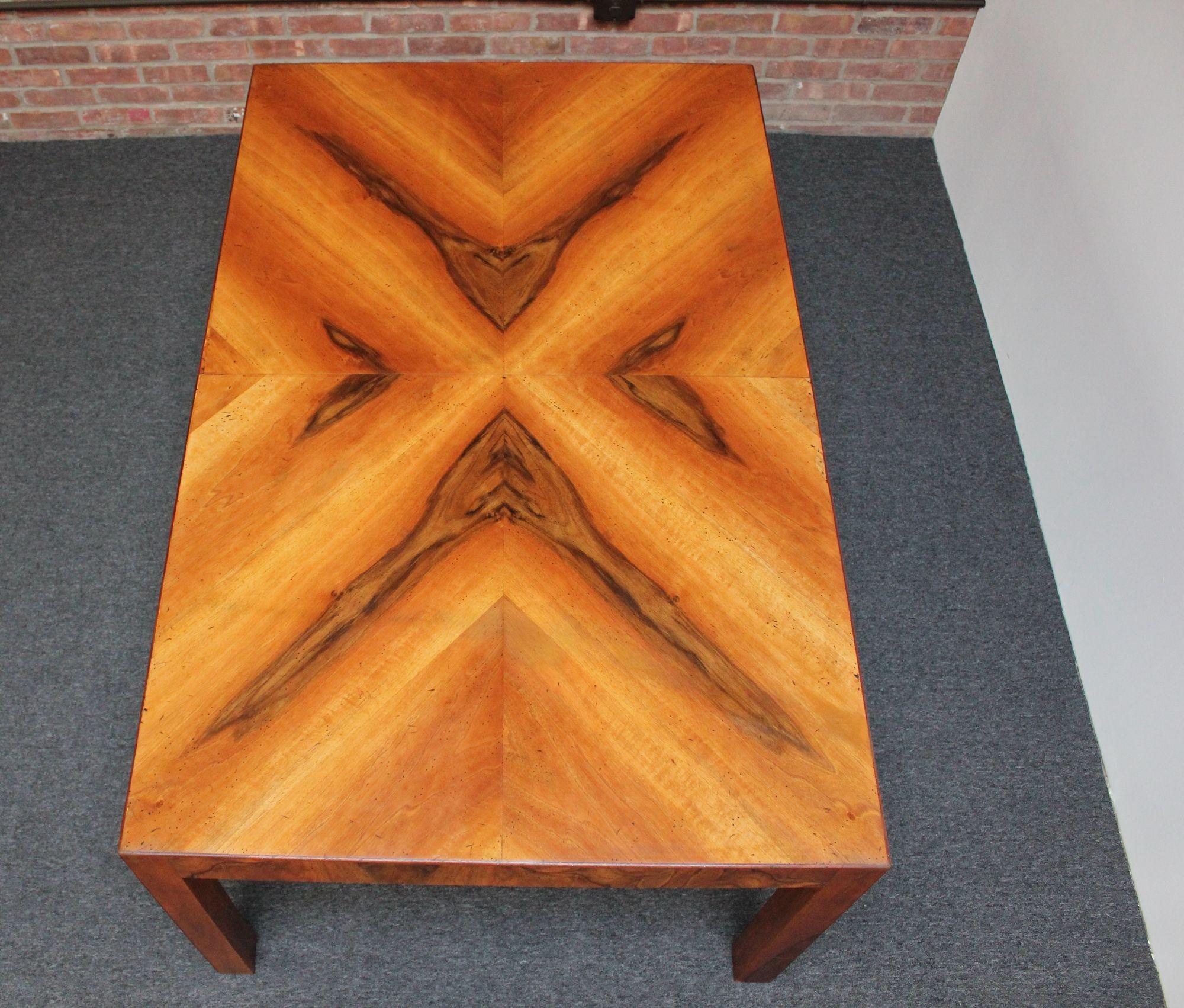 Late 20th Century Vintage Italian Walnut Parsons Style Chevron Dining Table with Two Leaves