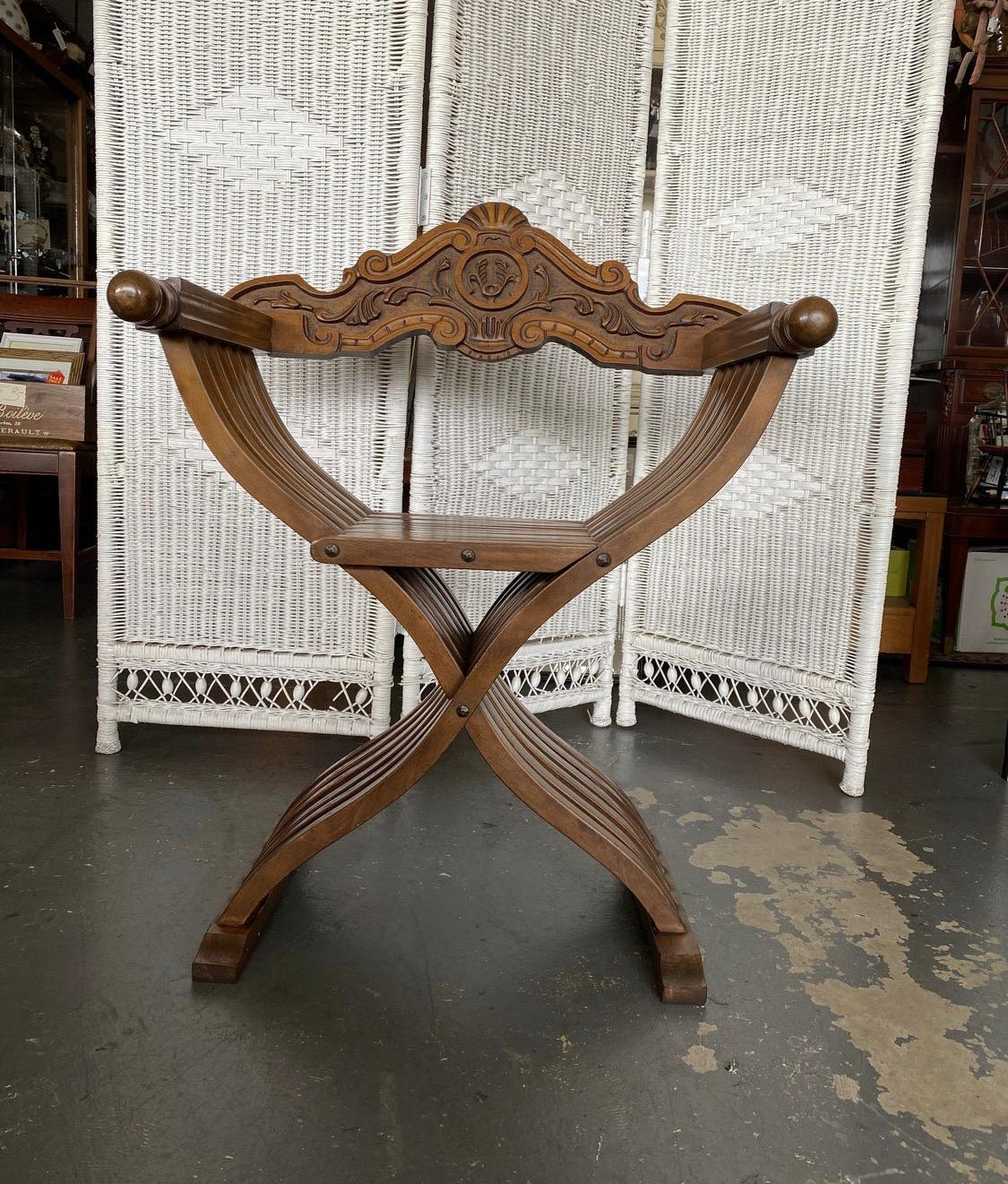 Renaissance Revival Vintage Italian Walnut Savonarola Folding Chair