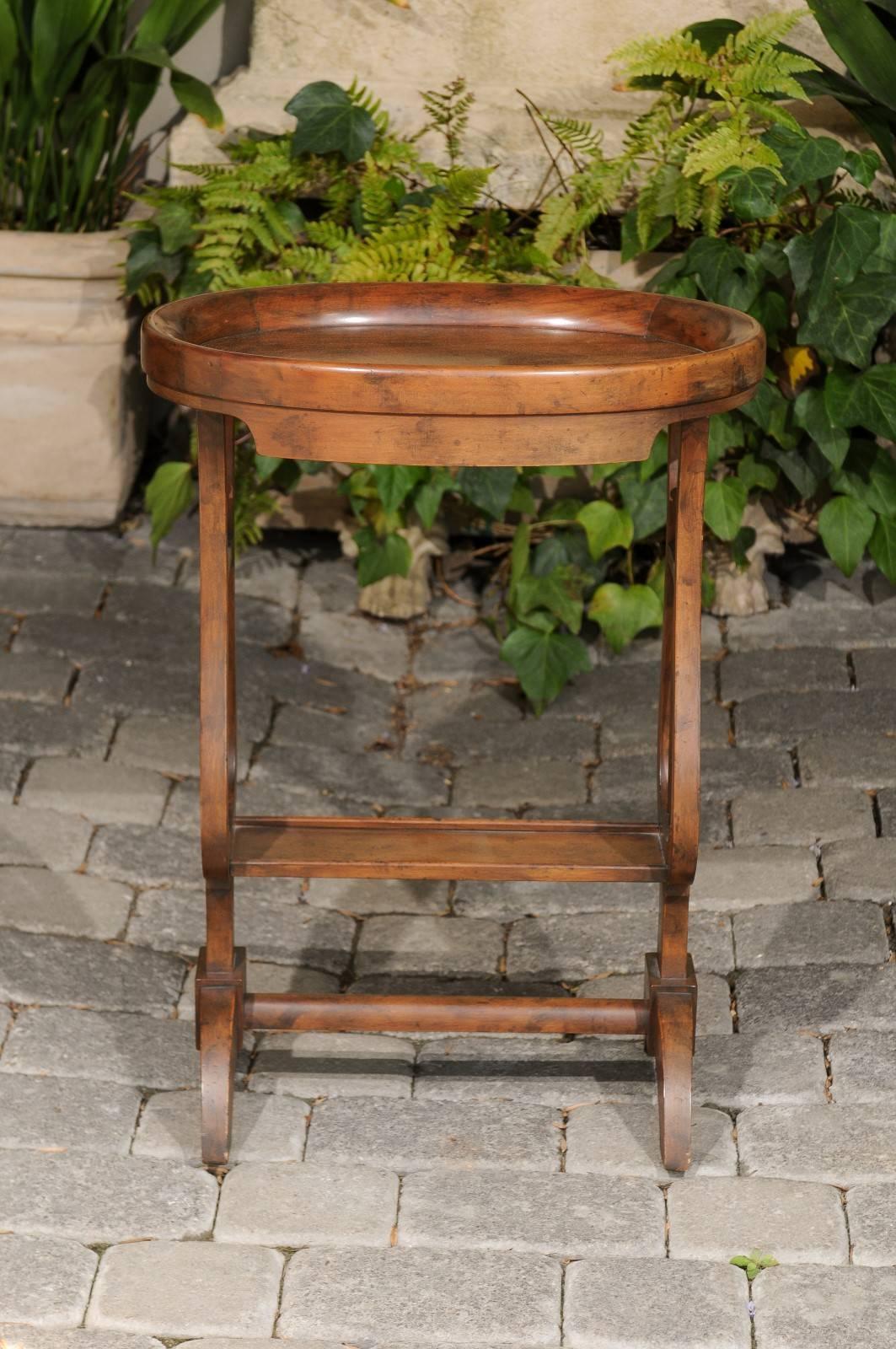 Vintage Italian Walnut Side Table with Lyre-Shaped Legs and Oval Tray Top For Sale 1