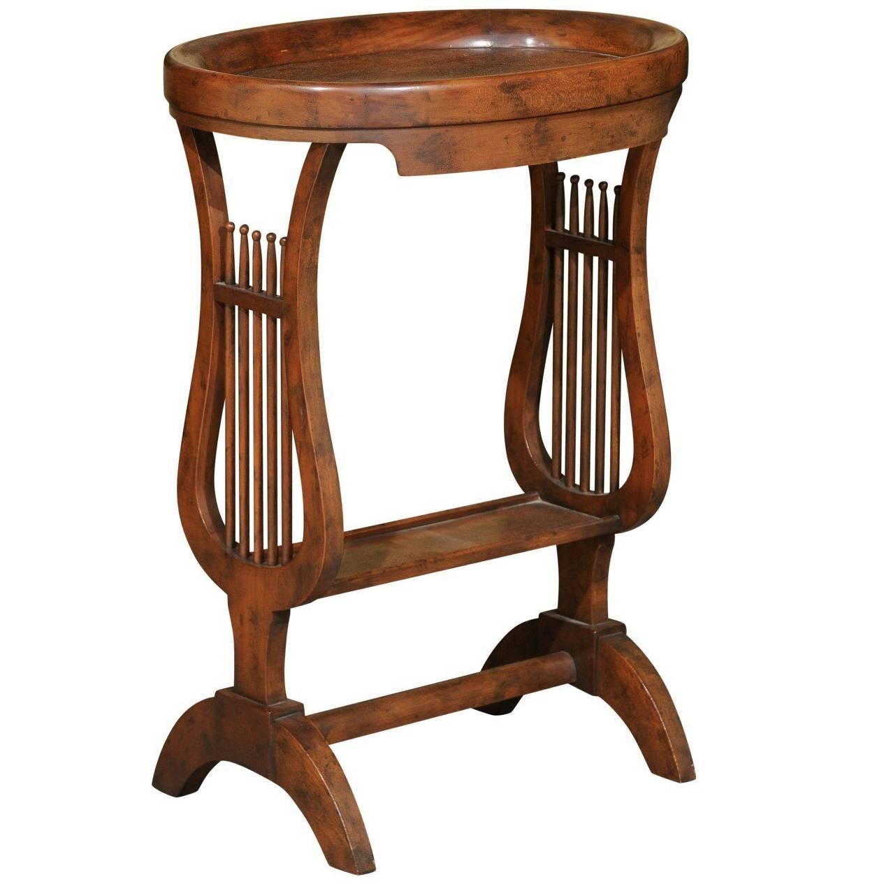 Vintage Italian Walnut Side Table with Lyre-Shaped Legs and Oval Tray Top For Sale