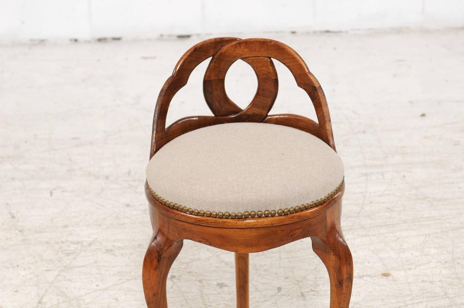 French Vintage Italian Walnut Stool with Carved Back and New Upholstery, circa 1950