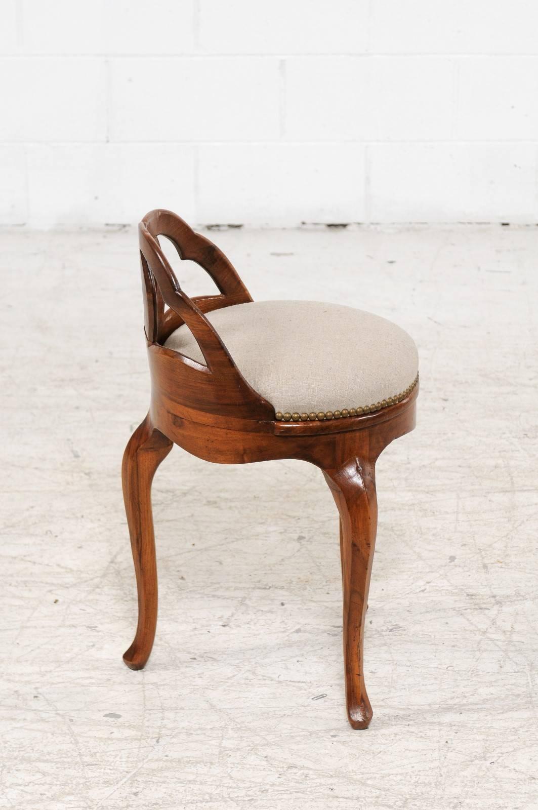 20th Century Vintage Italian Walnut Stool with Carved Back and New Upholstery, circa 1950
