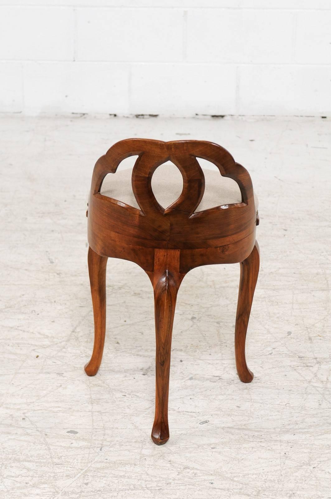 Vintage Italian Walnut Stool with Carved Back and New Upholstery, circa 1950 1