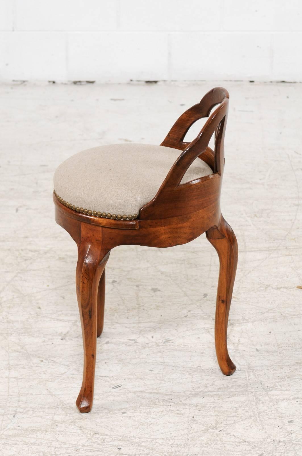 Vintage Italian Walnut Stool with Carved Back and New Upholstery, circa 1950 2