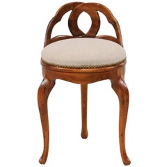 Vintage Italian Walnut Stool with Carved Back and New Upholstery, circa 1950