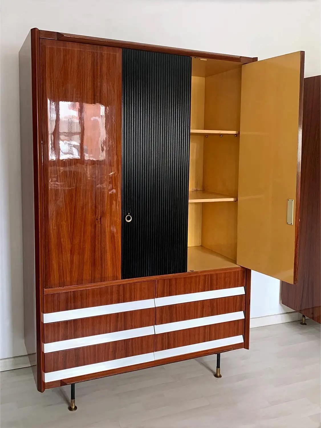 Vintage Italian Wardrobe, Walnut, Fluted Wood, Brass Feet 1950s italian For Sale 6