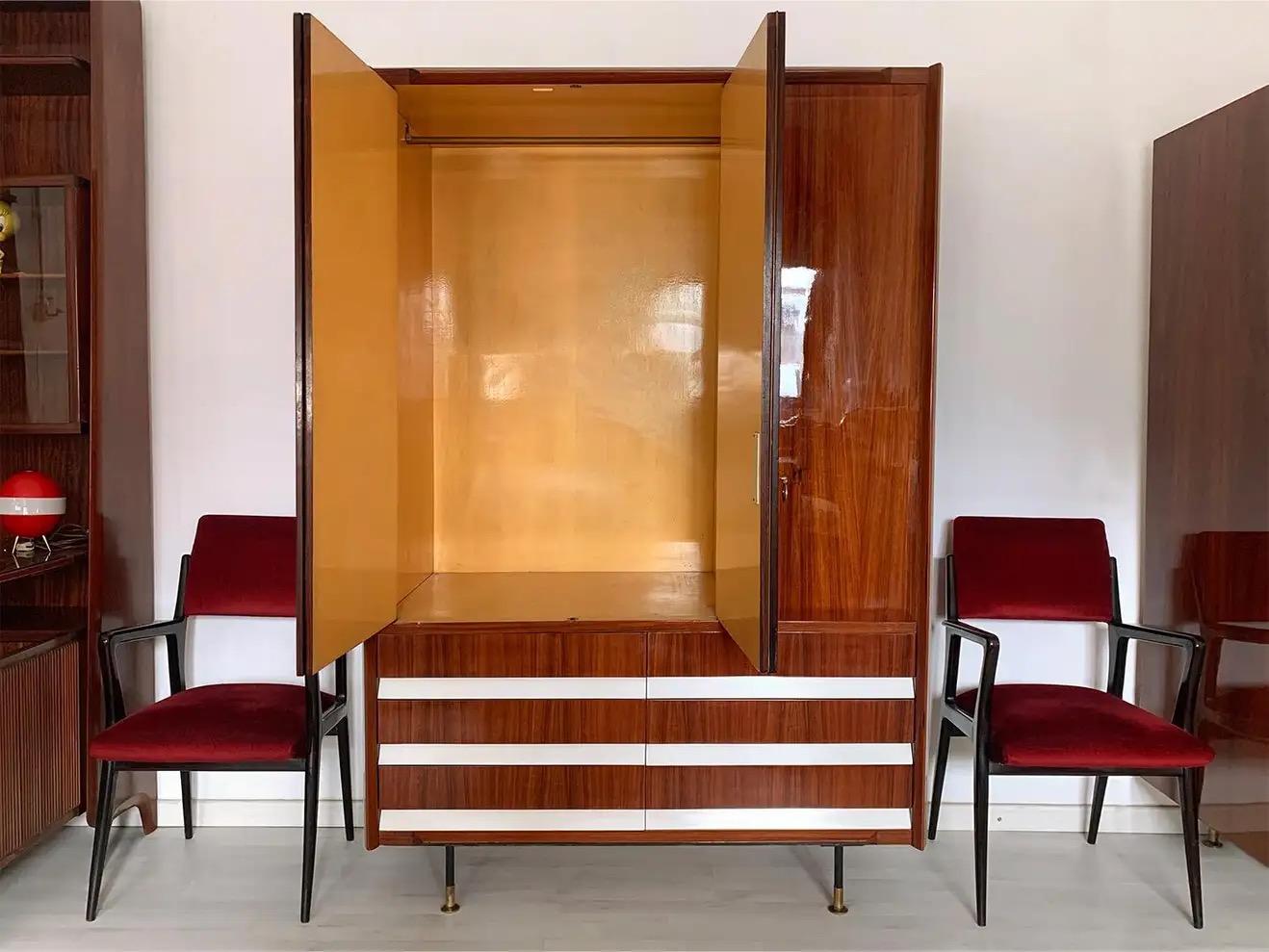 Vintage Italian Wardrobe, Walnut, Fluted Wood, Brass Feet 1950s italian For Sale 8