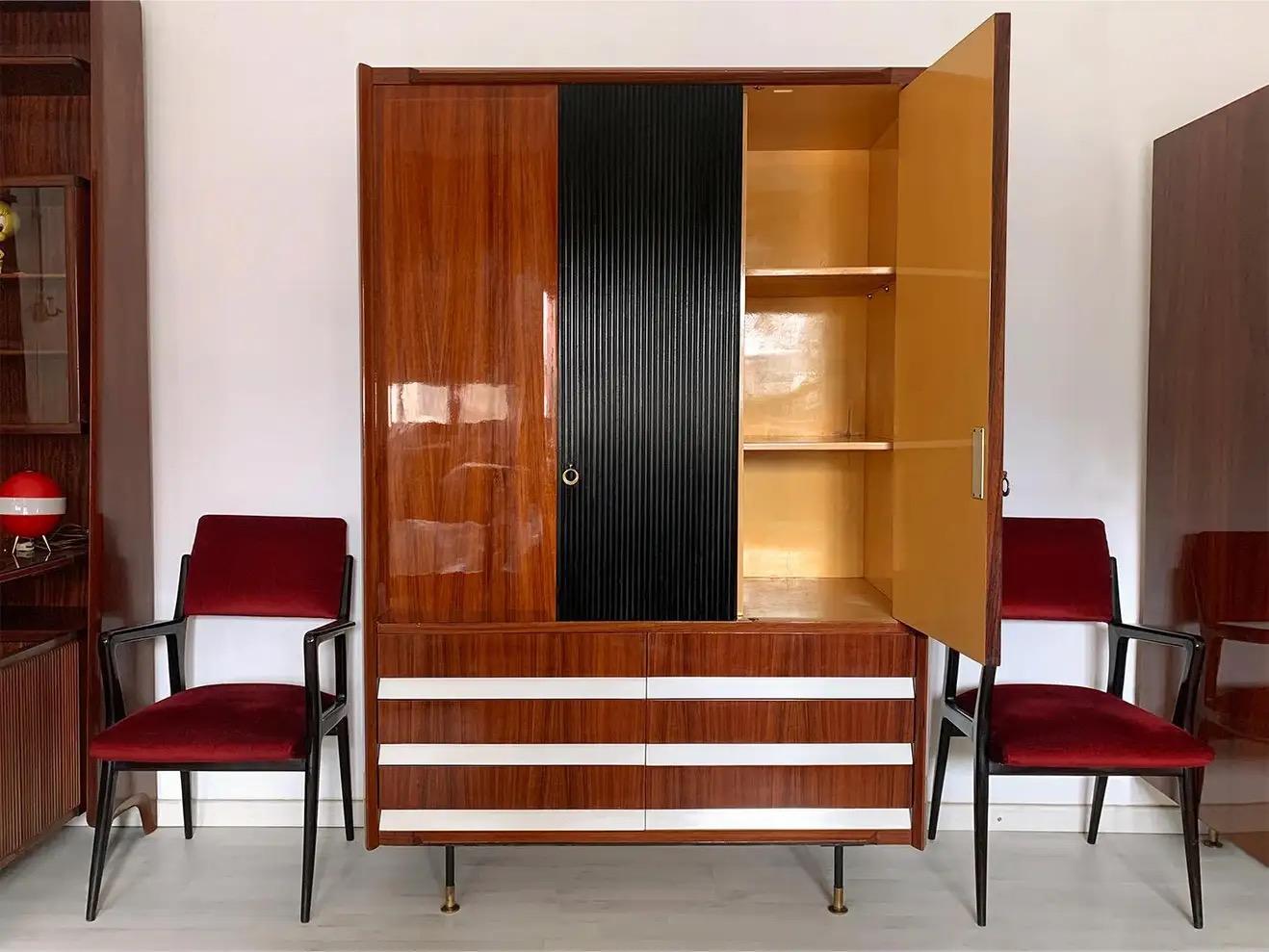 Vintage Italian Wardrobe, Walnut, Fluted Wood, Brass Feet 1950s italian For Sale 9