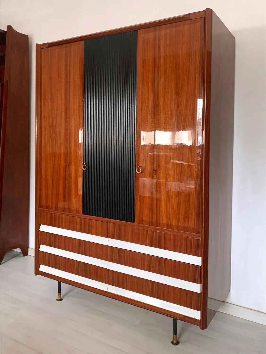 Vintage Italian Wardrobe, Walnut, Fluted Wood, Brass Feet 1950s italian For Sale 10