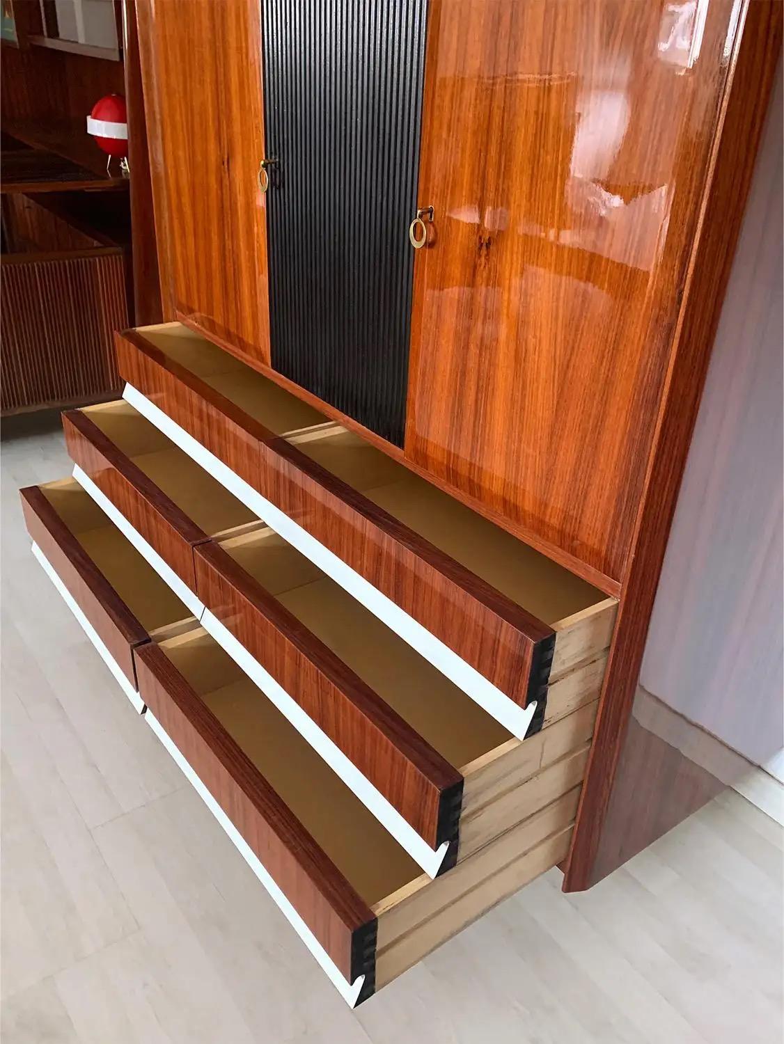 Vintage Italian Wardrobe, Walnut, Fluted Wood, Brass Feet 1950s italian For Sale 11