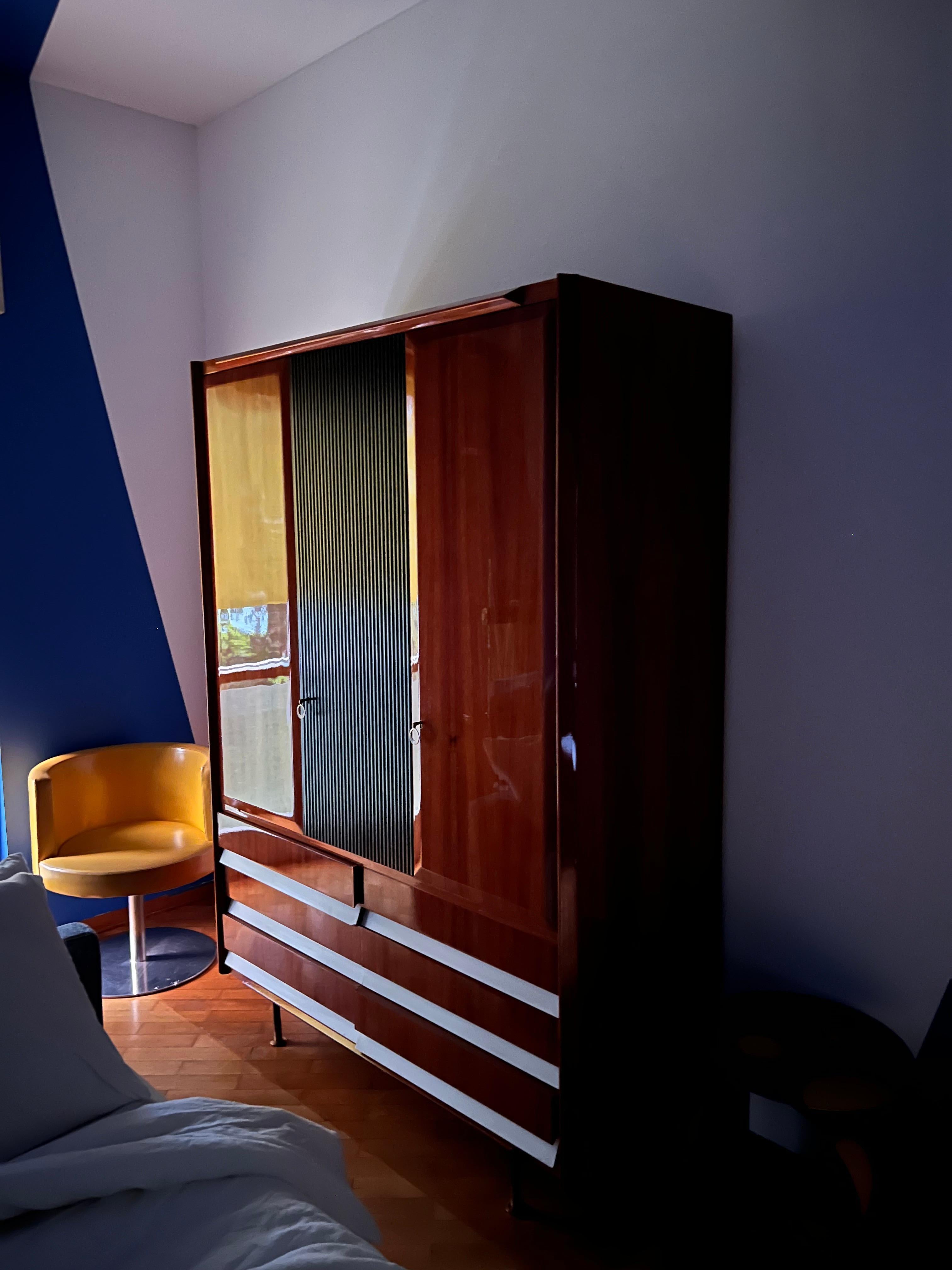 Vintage Italian Wardrobe, Walnut, Fluted Wood, Brass Feet 1950s italian For Sale 12