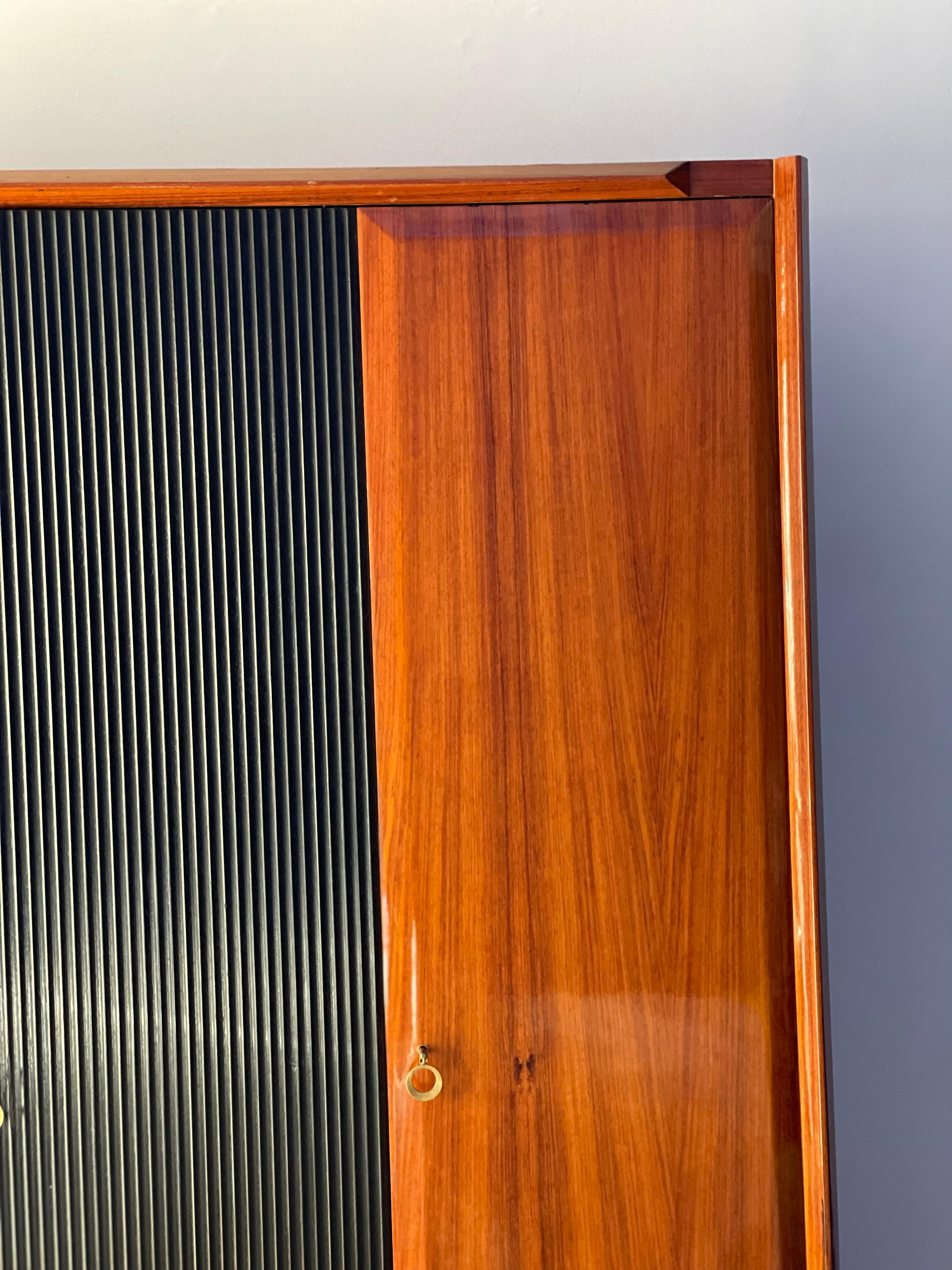 Vintage Italian Wardrobe, Walnut, Fluted Wood, Brass Feet 1950s italian For Sale 13