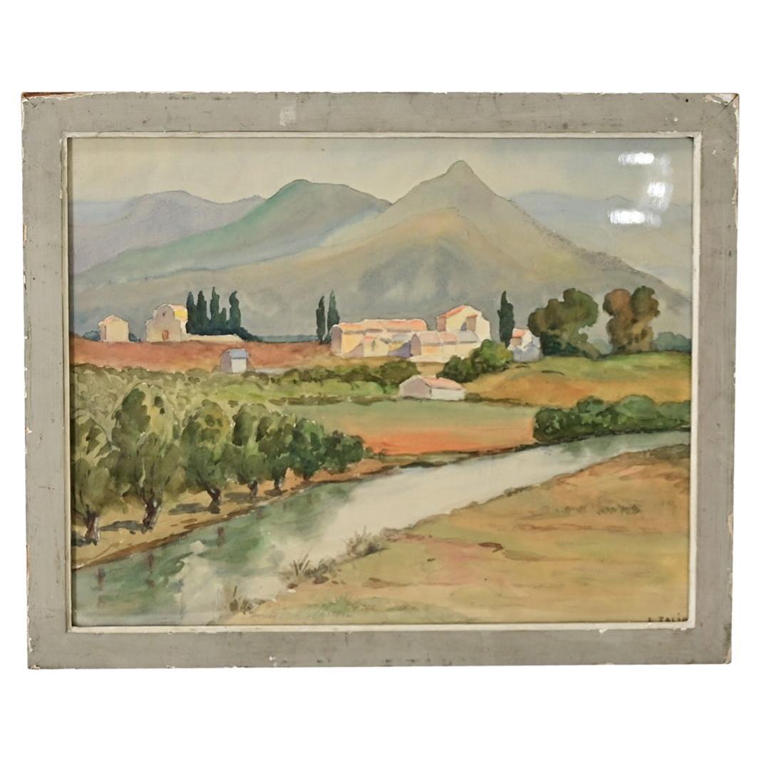 Pittura di paesaggio ad acquerello italiana d'epoca