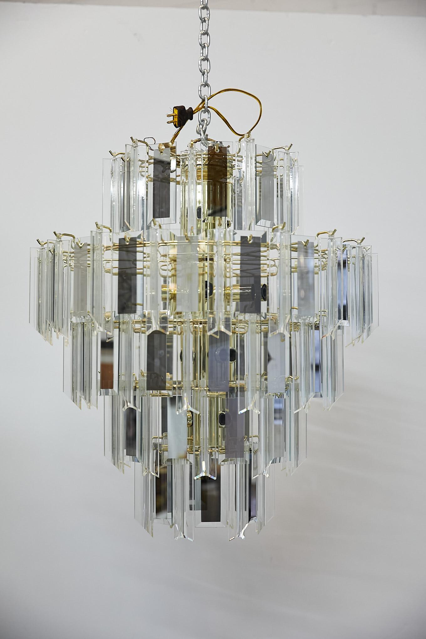 Hollywood Regency Vintage Italian Waterfall Chandelier with Lucite and Mirrored Prisms