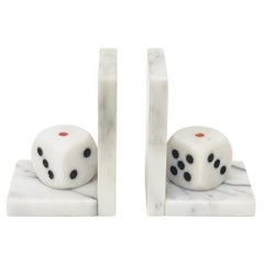 Vintage Italian White Carrara Marble, Red, Black Dice Bookends, 1960's Pair Of