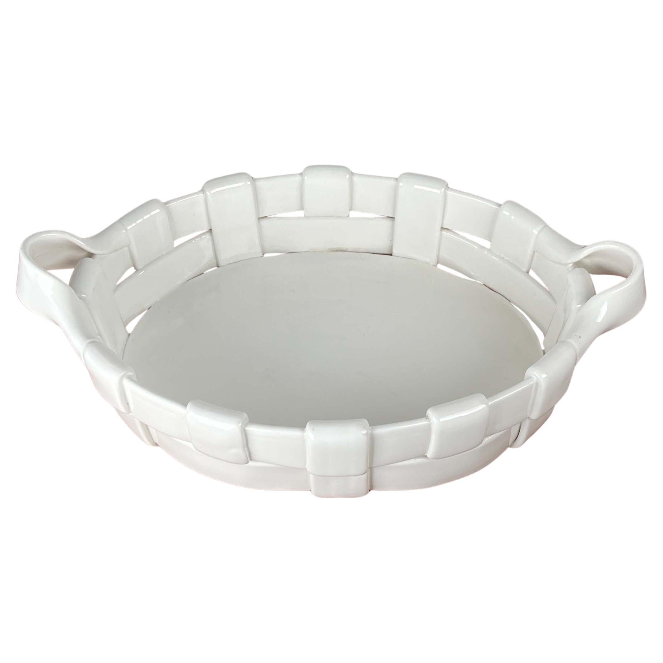 Vintage Italian Ceramic Woven Basket Bowl, 1980s Hollywood Regency
