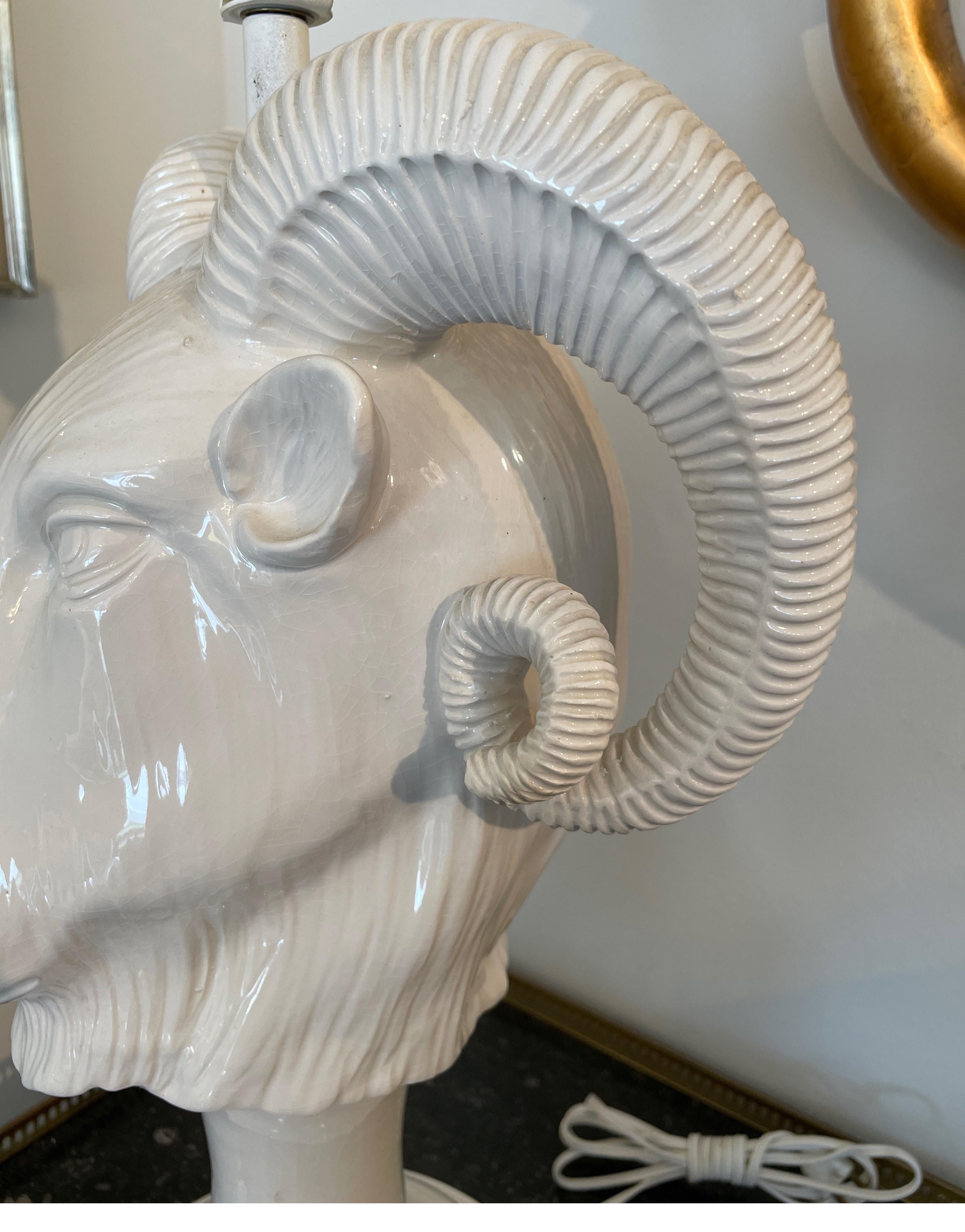 20th Century Vintage Italian White Glazed Porcelain Ram's Head Lamp For Sale