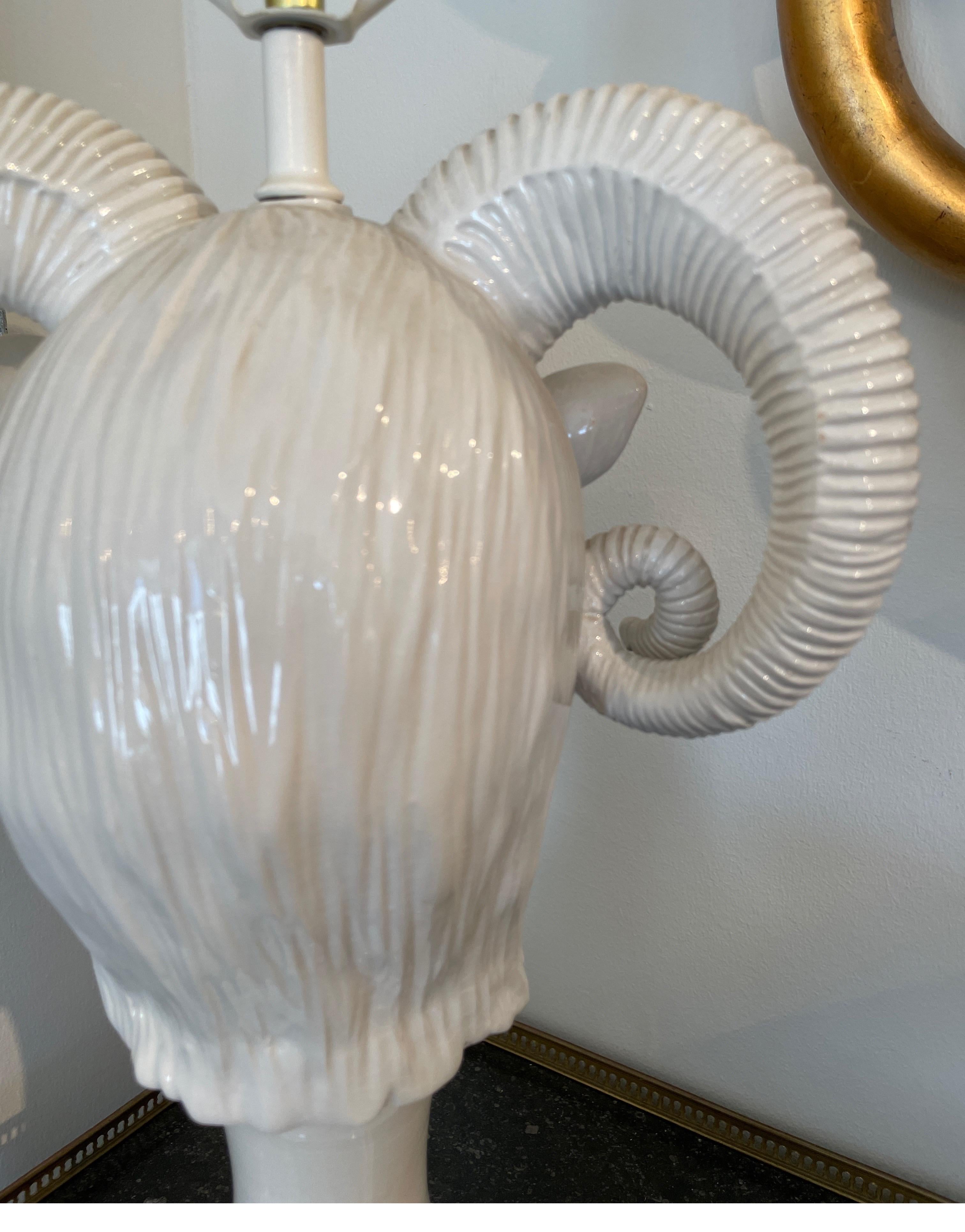Vintage Italian White Glazed Porcelain Ram's Head Lamp For Sale 1