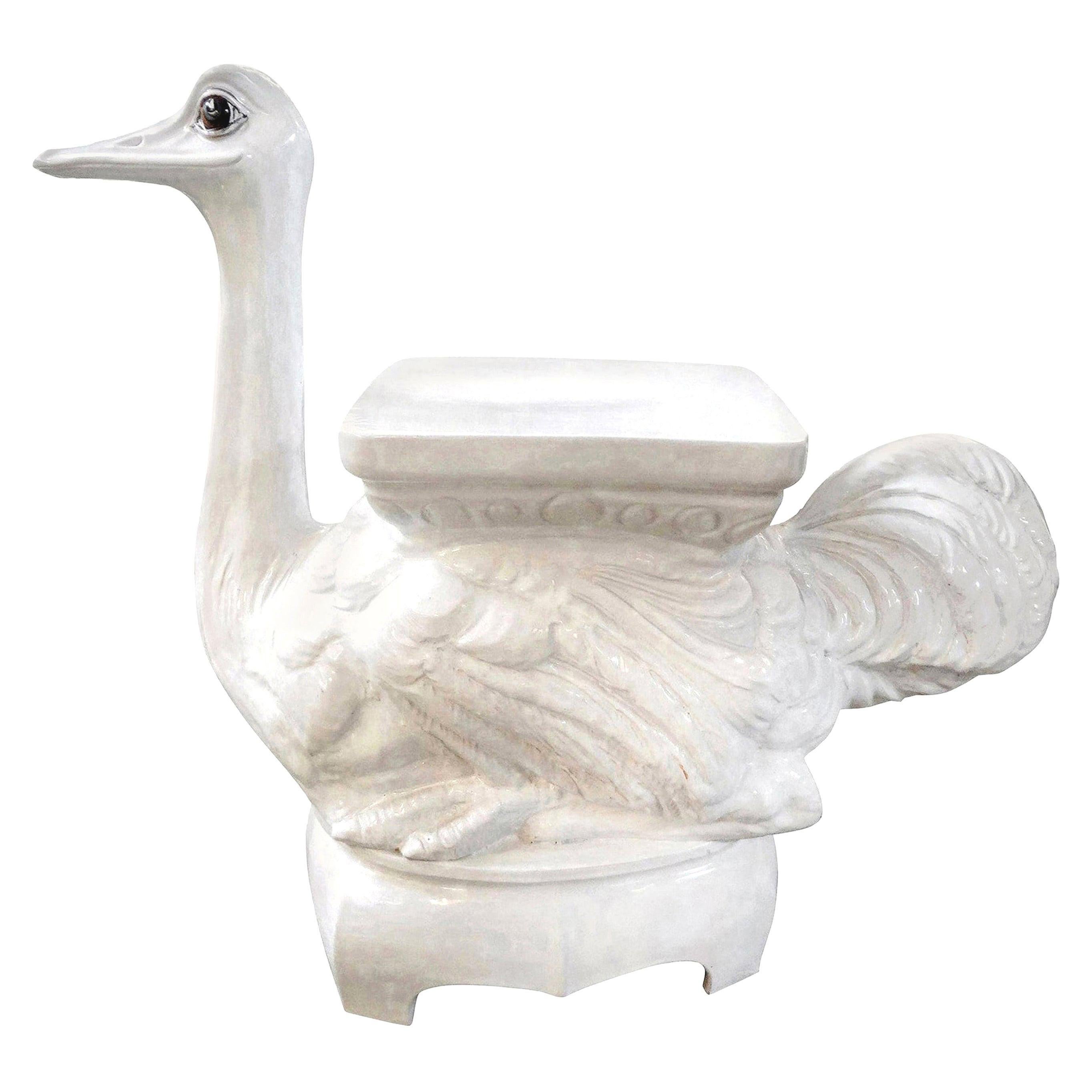 Vintage Italian White Glazed Terracotta Garden Seat or Table of an Ostrich