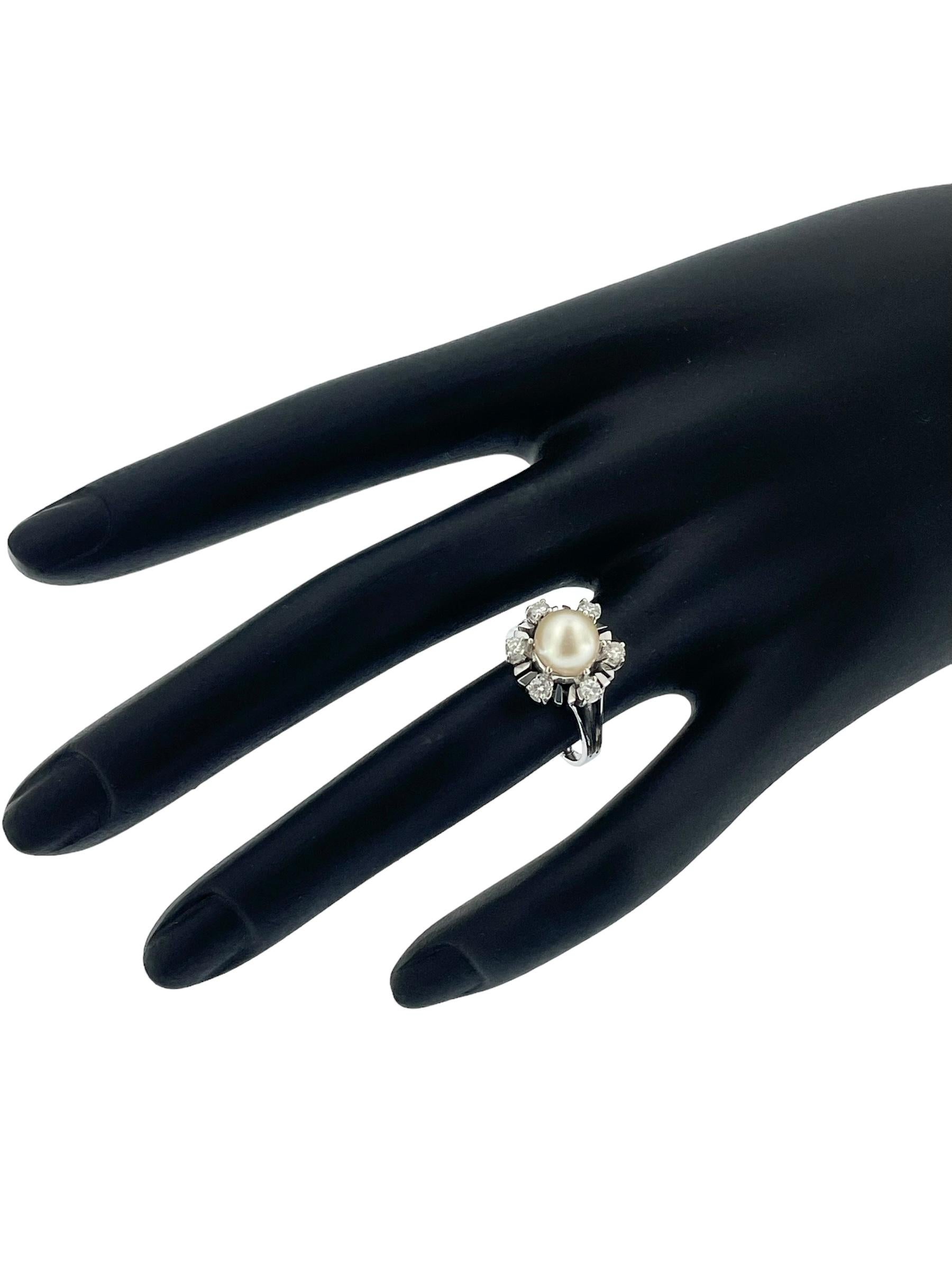 Anillo italiano vintage de oro blanco con perla y diamantes en venta 1