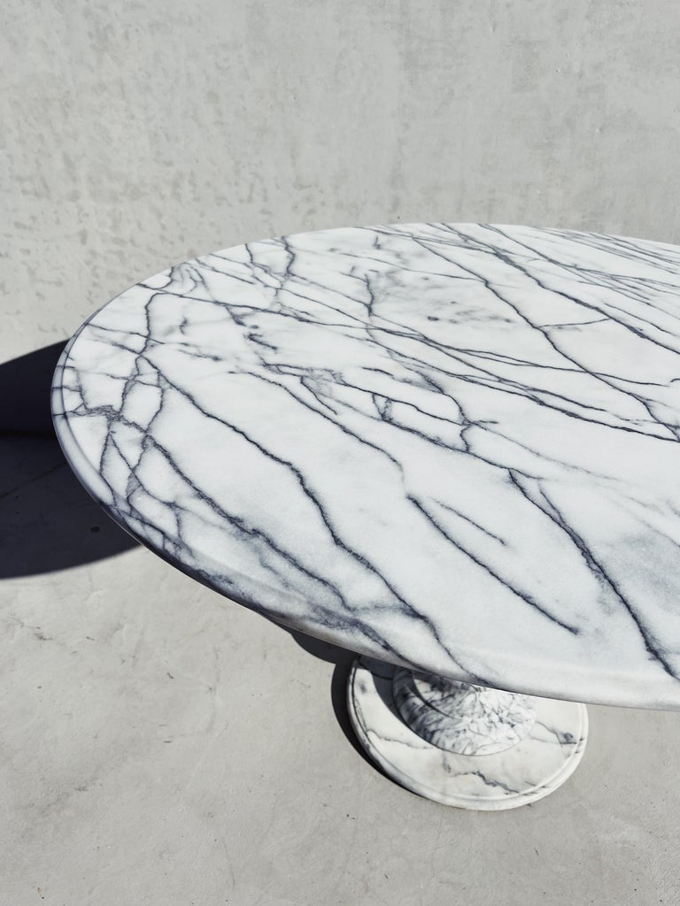 Vintage Italian White Marble Round Dining Table with Fluted Column Base