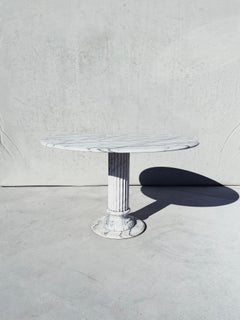 Vintage Italian White Marble Round Dining Table with Fluted Column Base