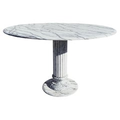 Vintage Italian White Marble Round Dining Table with Fluted Column Base