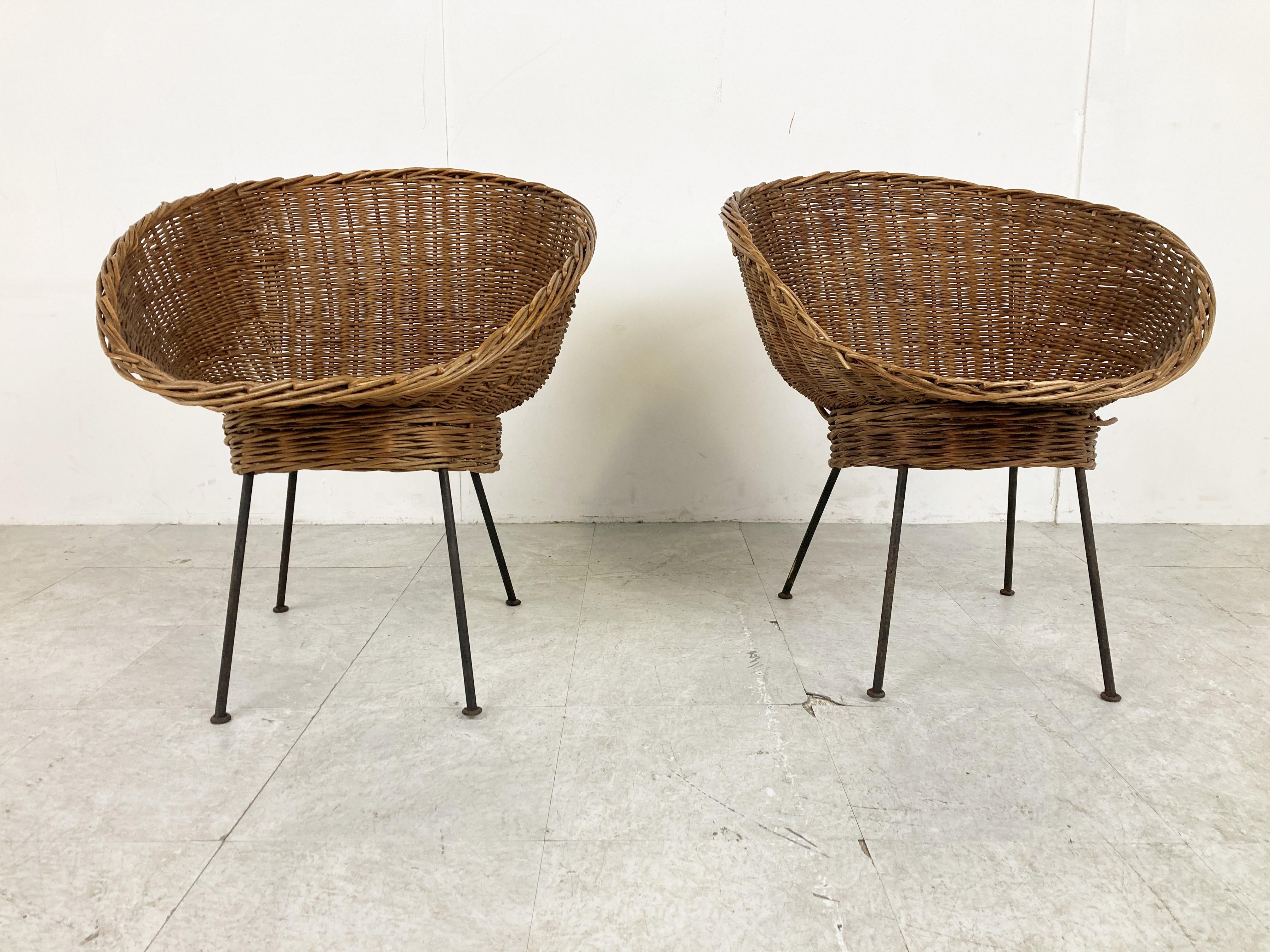 Mid-Century Modern Vintage Italian Wicker Lounge Chairs, Set of 2, 1960s For Sale