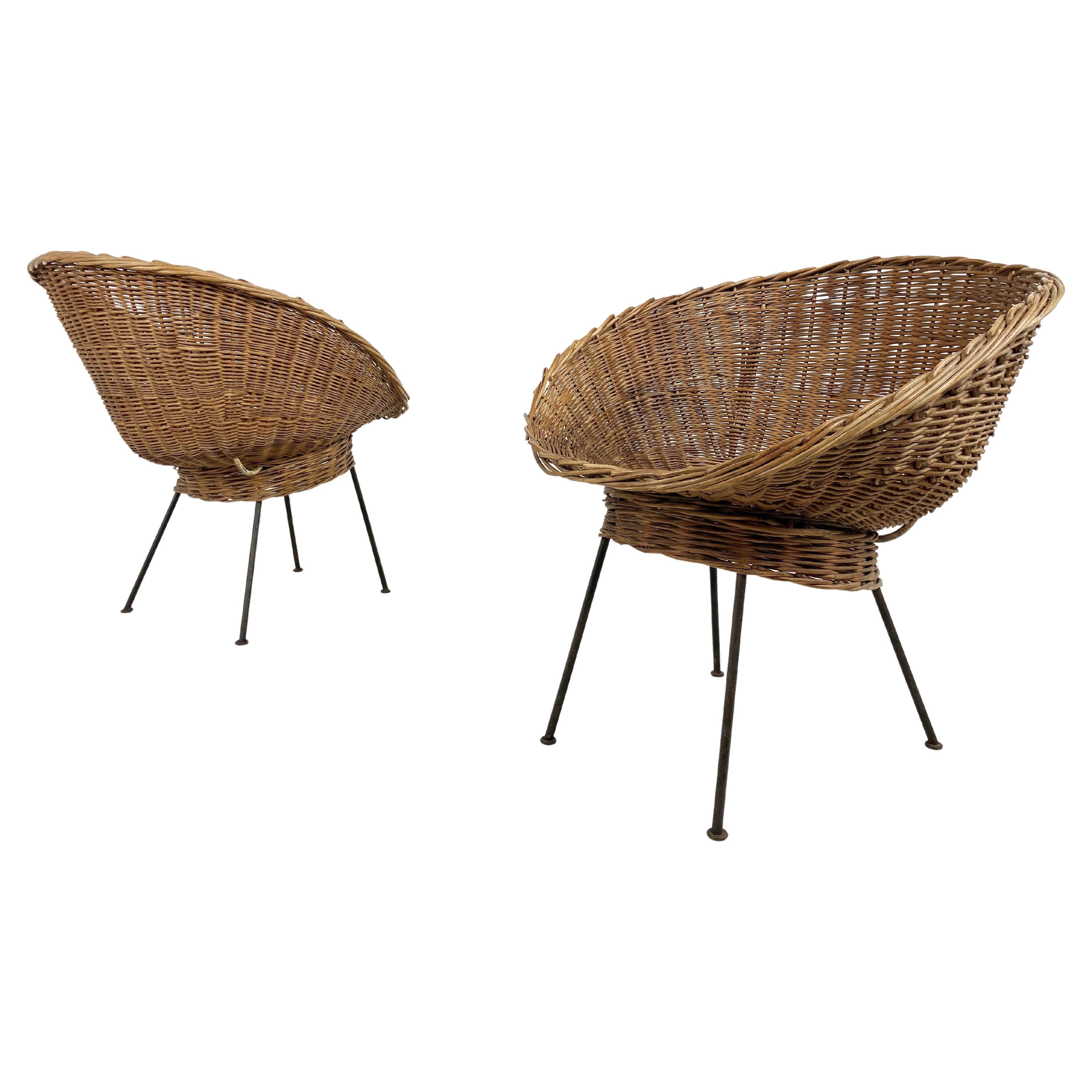 Vintage Italian Wicker Lounge Chairs, Set of 2, 1960s