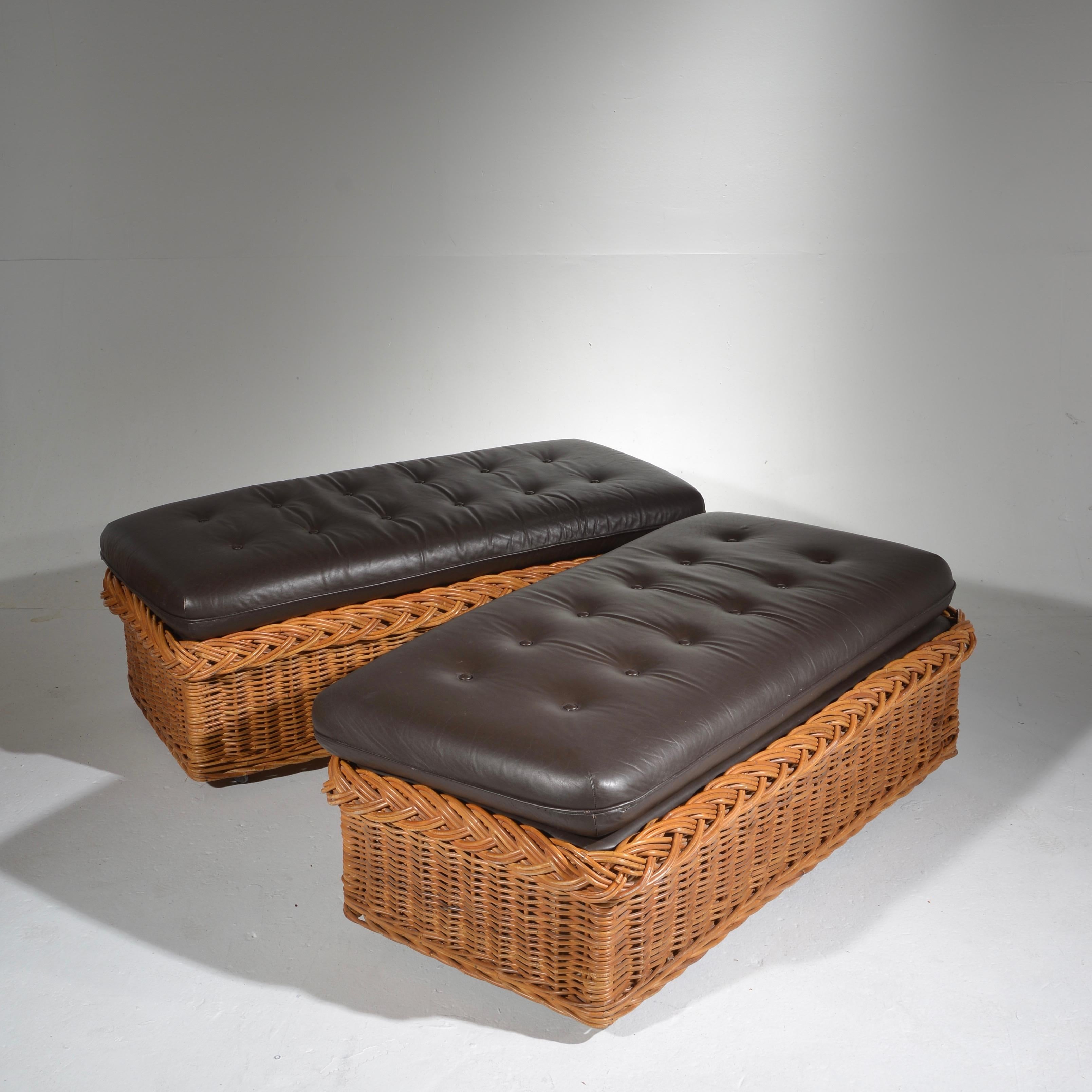 These are original wicker works of Italy benches, circa 1980. Upholstered in brown Knoll leather. Price per item.

 