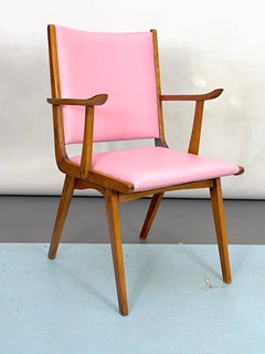Vintage Italian Wood Accent Chair in Pink Leatherette, Italy, 1950s