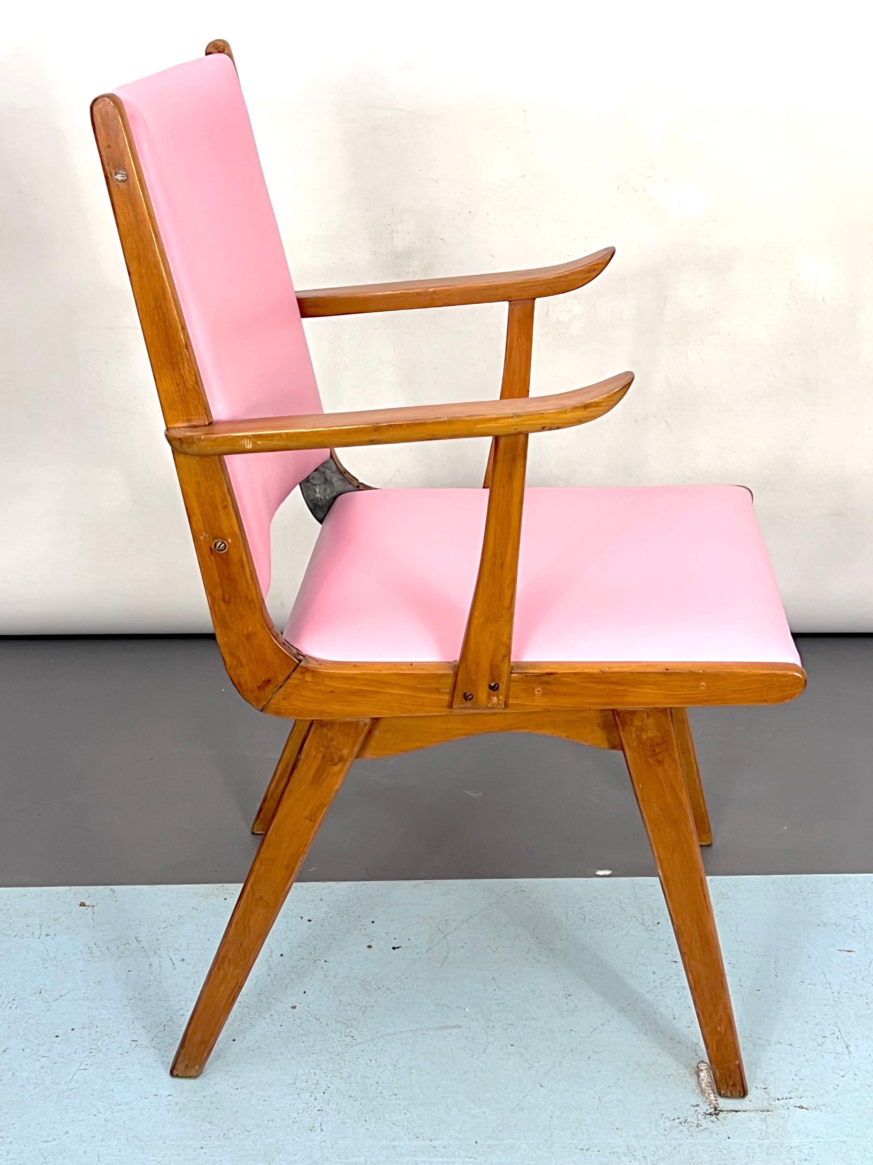 Mid-Century Modern Vintage Italian Wood Accent Chair in Pink Leatherette, Italy, 1950s For Sale