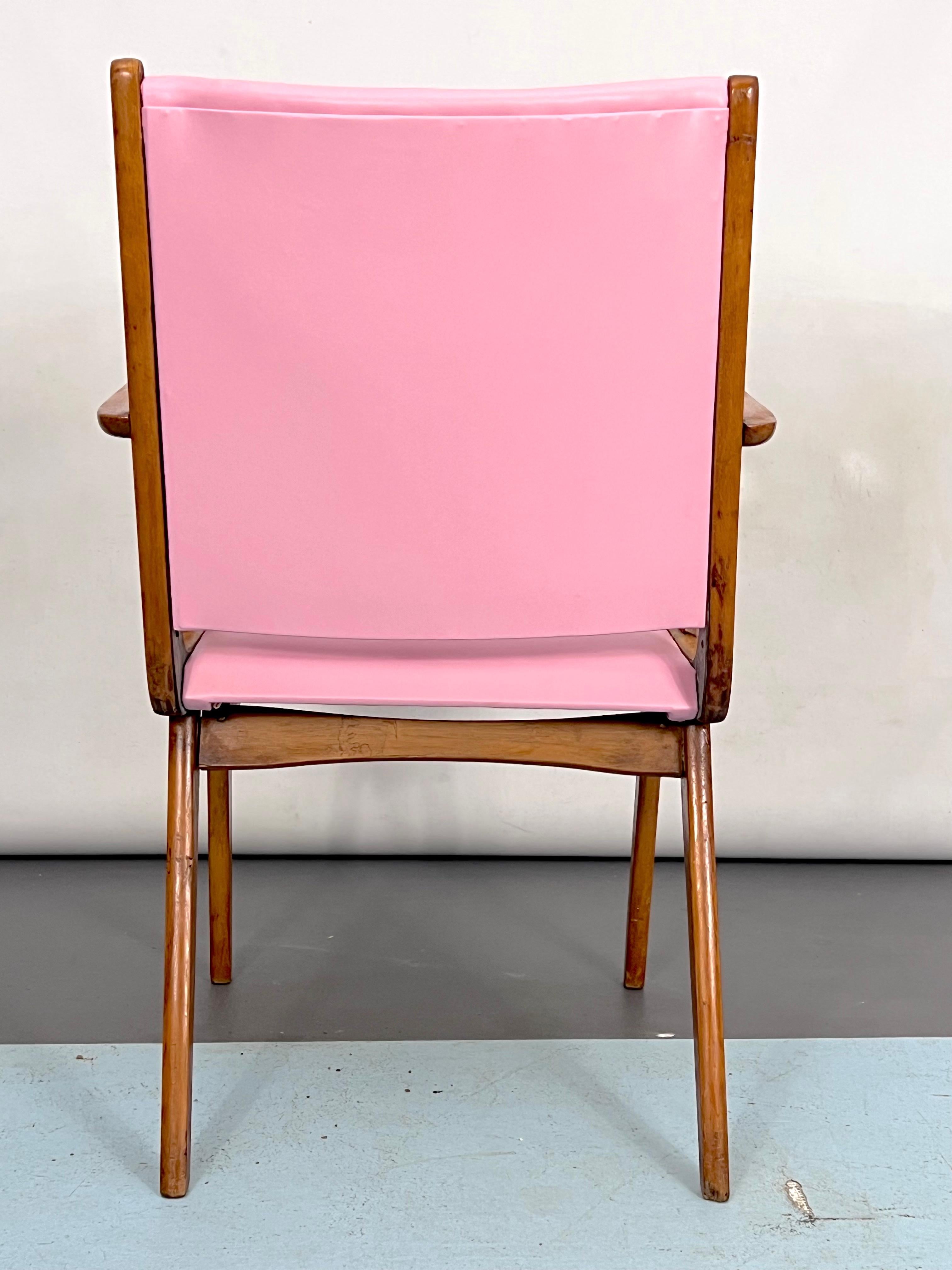 20th Century Vintage Italian Wood Accent Chair in Pink Leatherette, Italy, 1950s For Sale