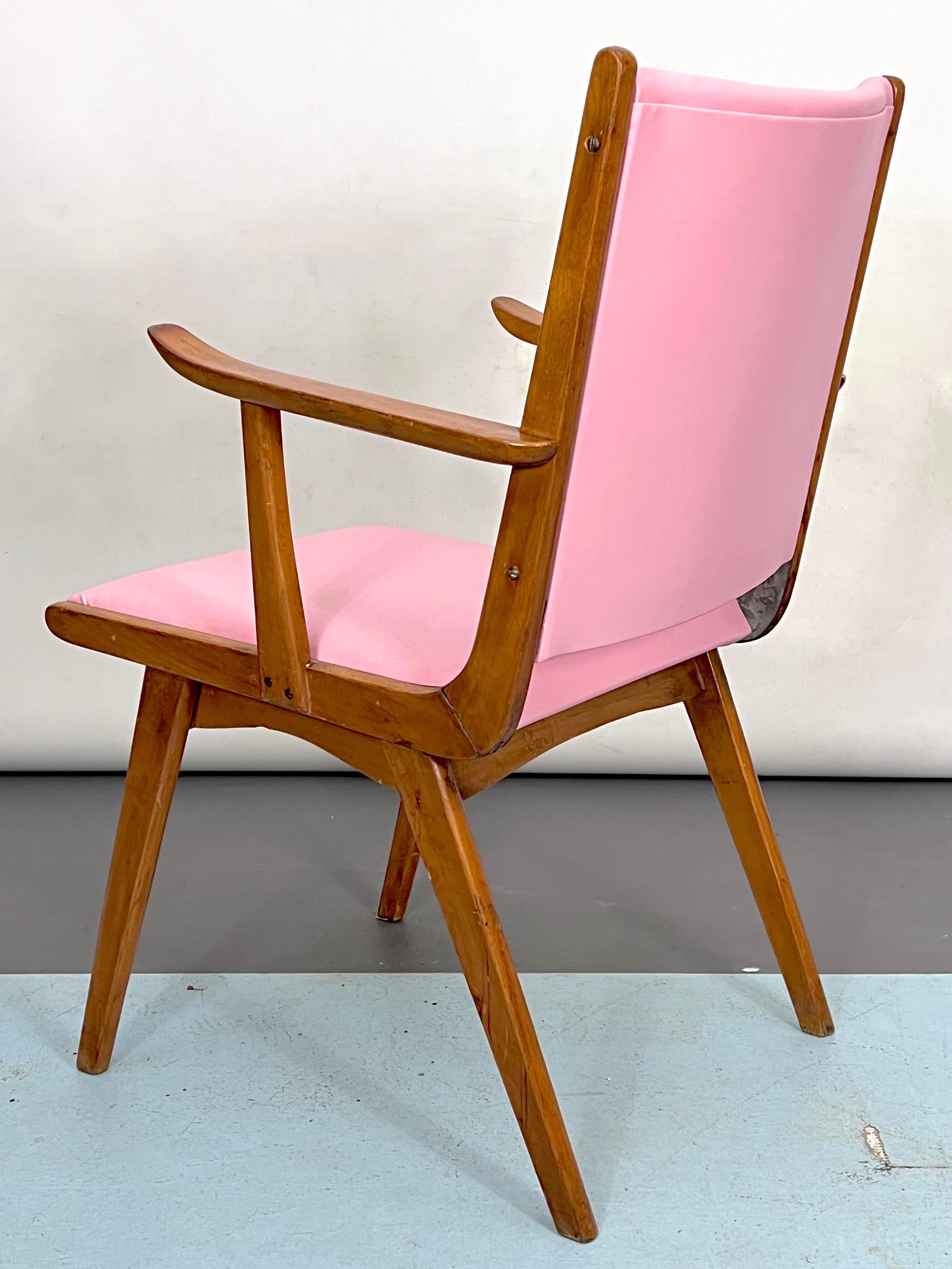 Faux Leather Vintage Italian Wood Accent Chair in Pink Leatherette, Italy, 1950s For Sale
