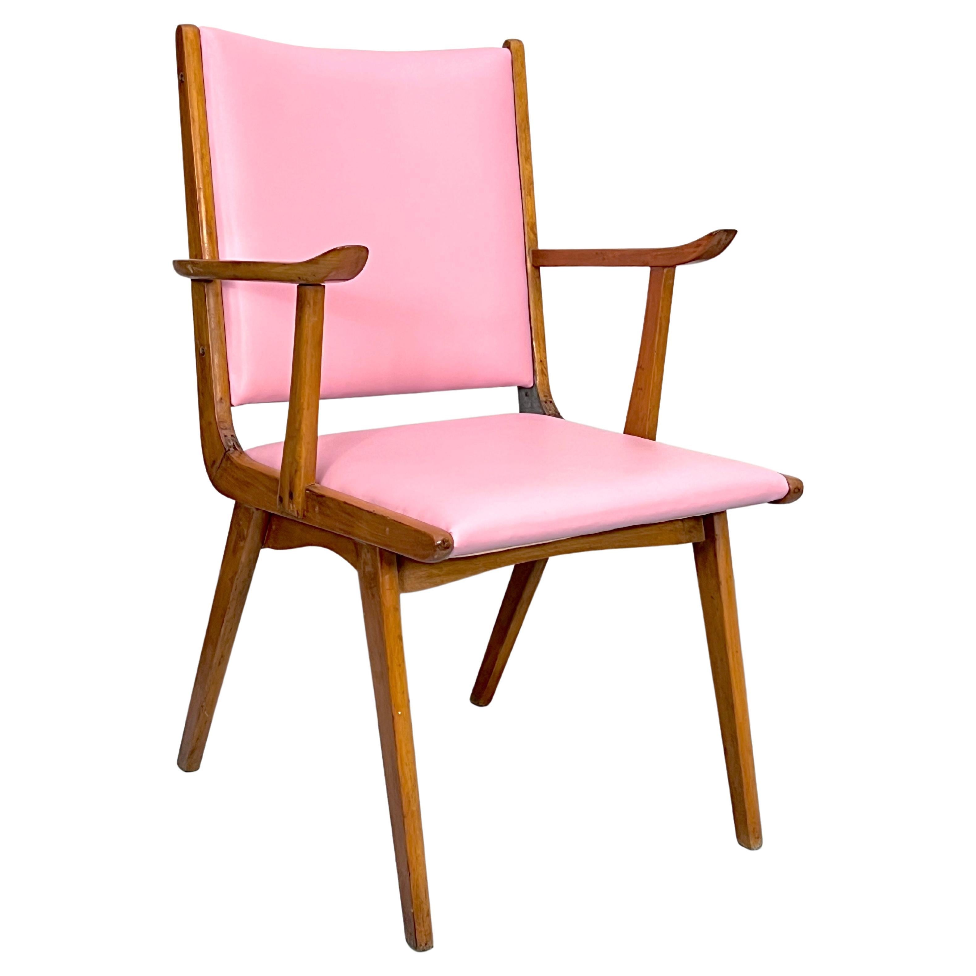 Vintage Italian Wood Accent Chair in Pink Leatherette, Italy, 1950s For Sale