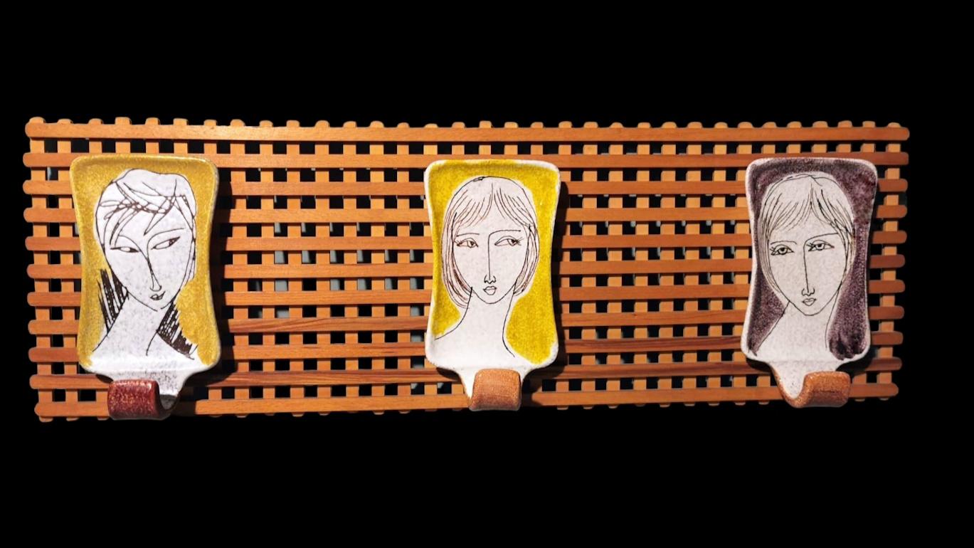 Modern Vintage Italian Wood And Ceramic Coat Rack By Artist Alvaro Cartei For Sale