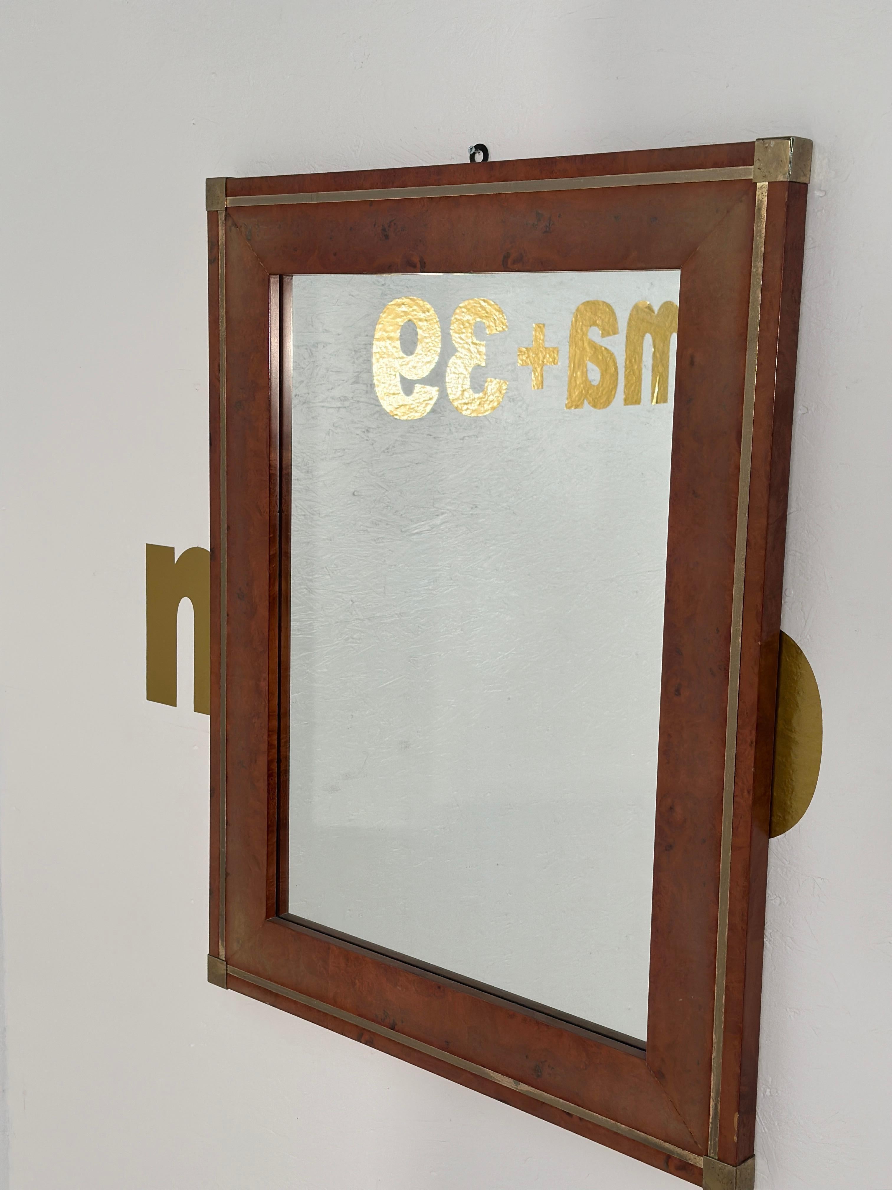 Late 20th Century Vintage Italian Wood & Brass Wall Mirror 1980s For Sale