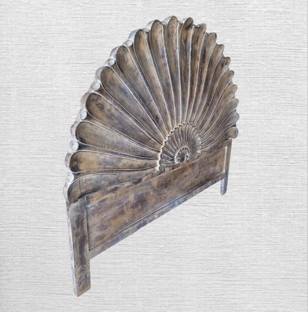 Hollywood Regency Vintage Italian wood carved coastal rustic seashell form queen headboard For Sale