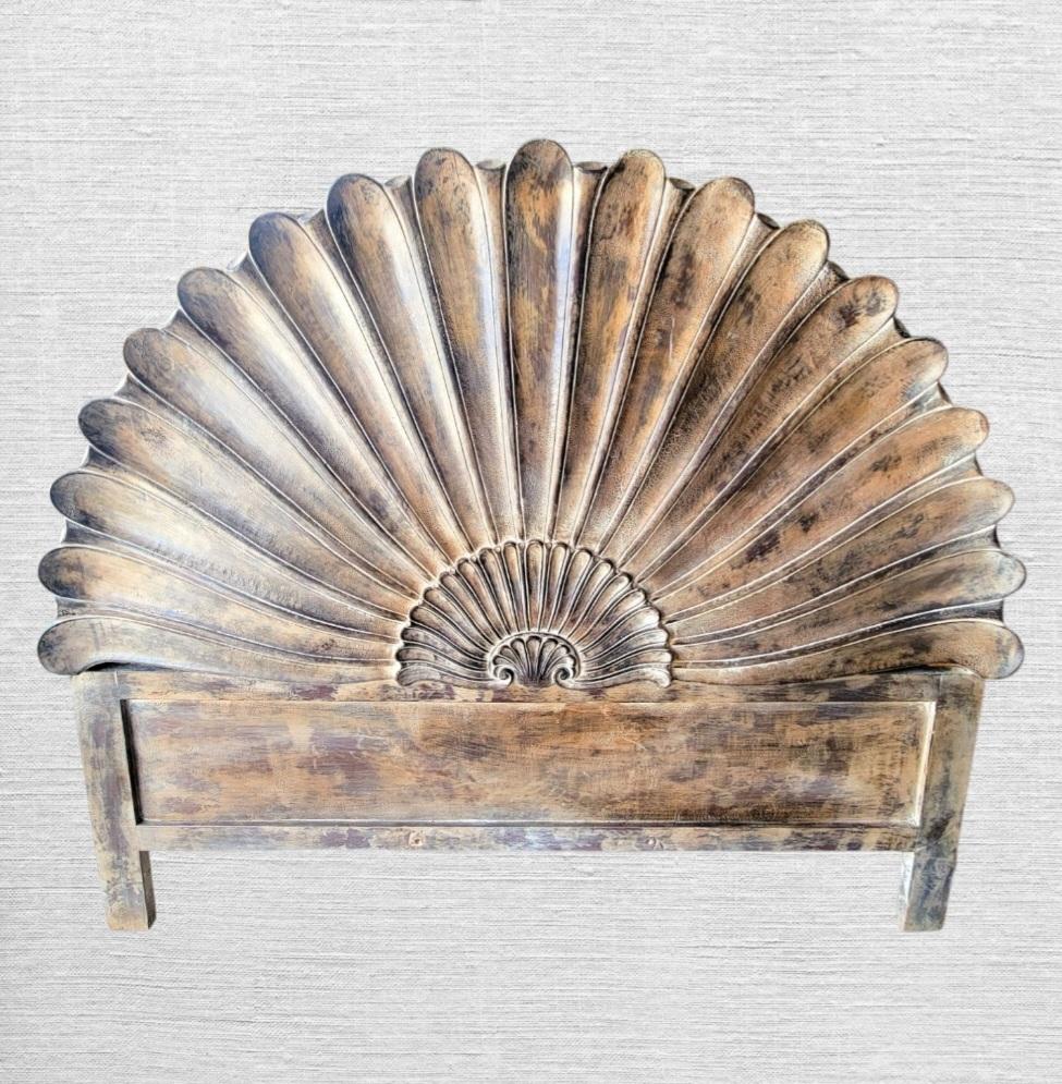 20th Century Vintage Italian wood carved coastal rustic seashell form queen headboard For Sale