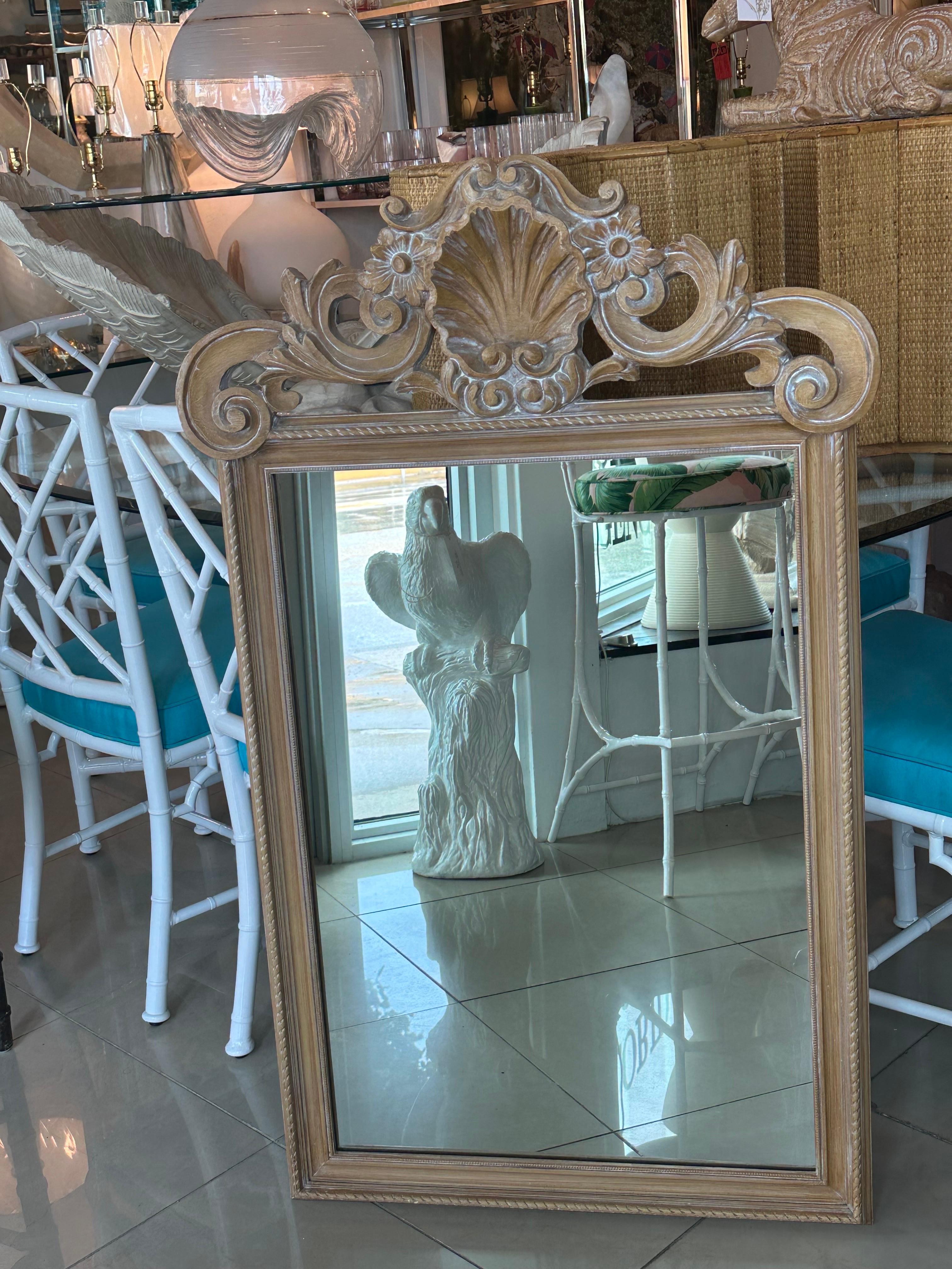 Hollywood Regency Vintage Italian Wood Carved Shell Seashell Palm Beach Wall Mirror For Sale